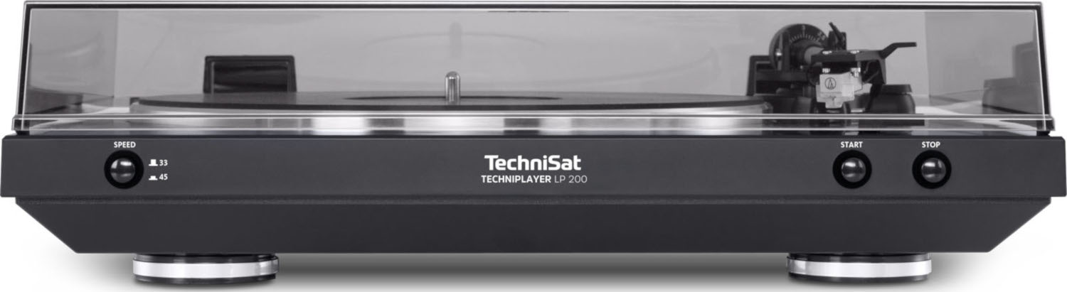 Zwarte TechniSat platenspeler met een doorzichtige cover, snelheidsinstellingen en start/stop knoppen.