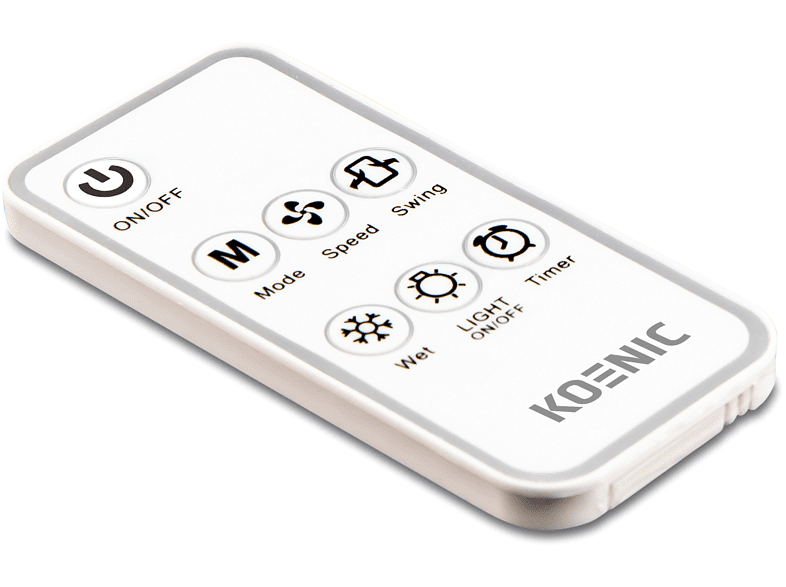 Télécommande blanche avec boutons pour marche/arrêt, mode, vitesse et minuterie. Texte KOENIC.