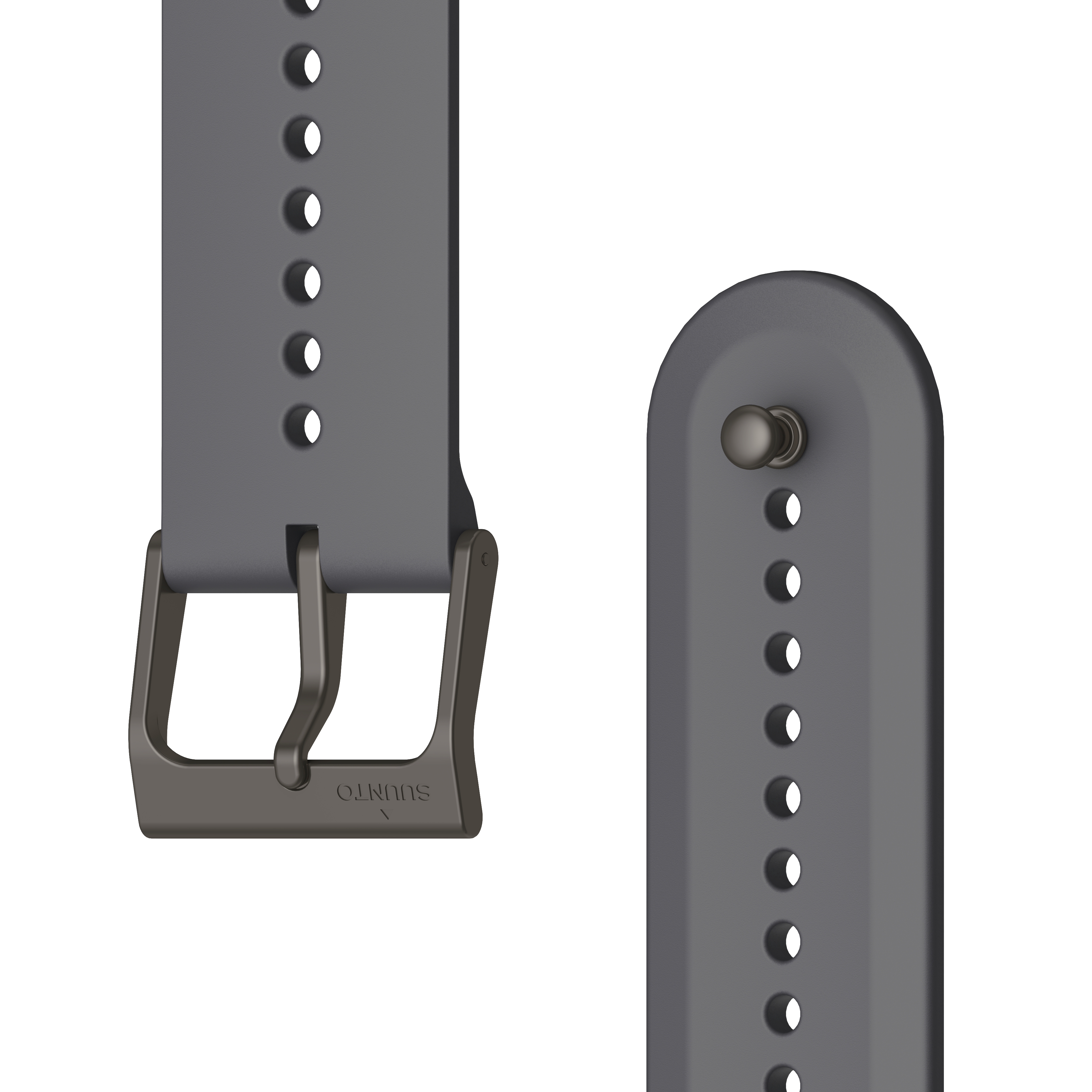 Graues Uhrenarmband mit Schnalle und Stift, Nahaufnahme vor weißem Hintergrund.