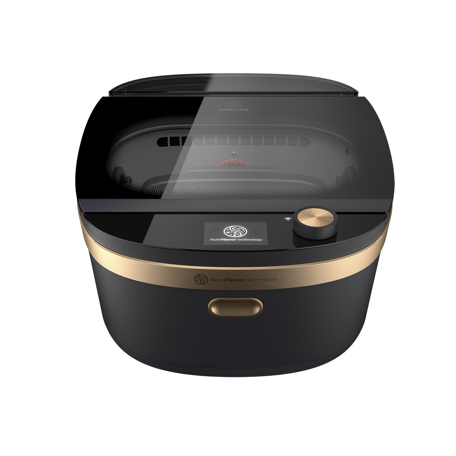 Zwarte en gouden multicooker. Bovenkant open, toont de kookkamer. Gouden accenten.