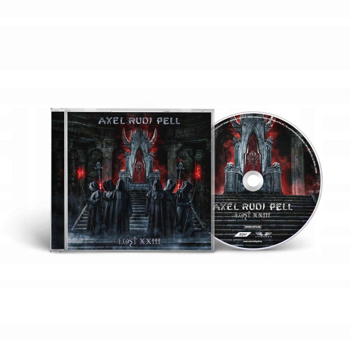 CD-Hülle von Axel Rudi Pells 'Lost XXIII' Album mit Dark Fantasy-Kunst und einer CD auf weißem Grund.