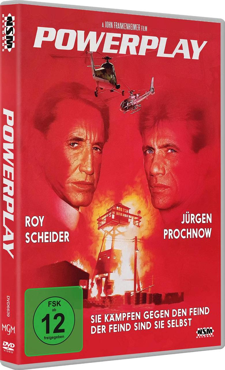DVD-Cover von 'Powerplay' mit zwei Männern und Hubschraubern. Roter Hintergrund mit Text.