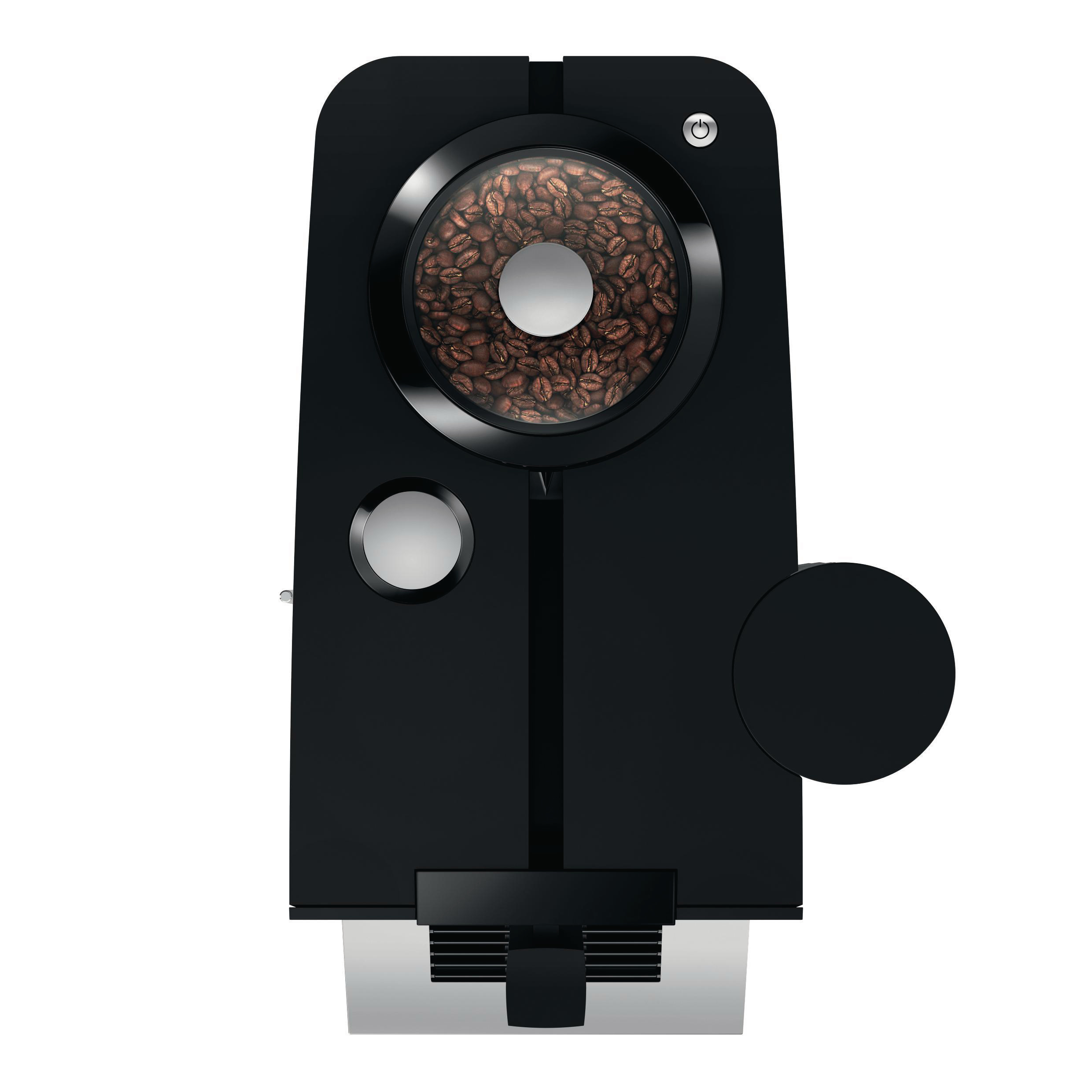 Schwarze Kaffeemaschine, Draufsicht. Zeigt Kaffeebohnen in einem Glasbehälter. Silberne Basis.
