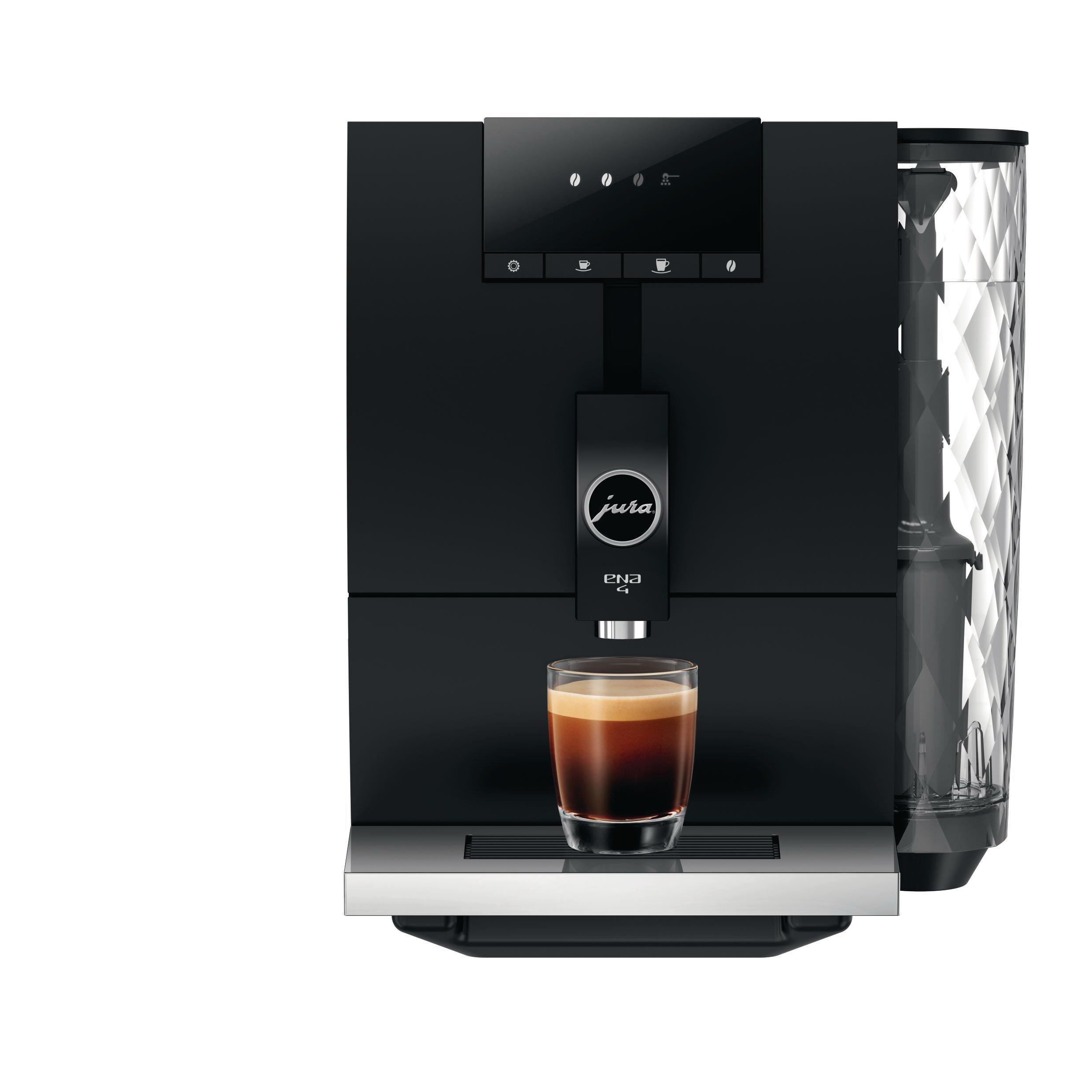 Schwarze Jura ENA 8 Kaffeemaschine mit Espressoglas. Weißer Hintergrund.