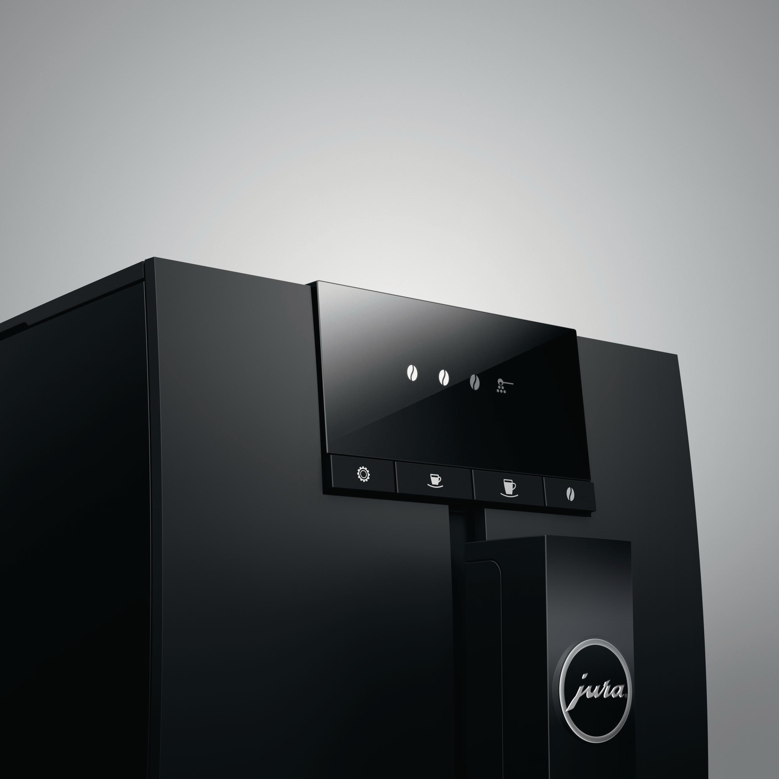 Schwarze Jura Kaffeemaschine mit Display und Symbolen sowie dem Jura-Logo.
