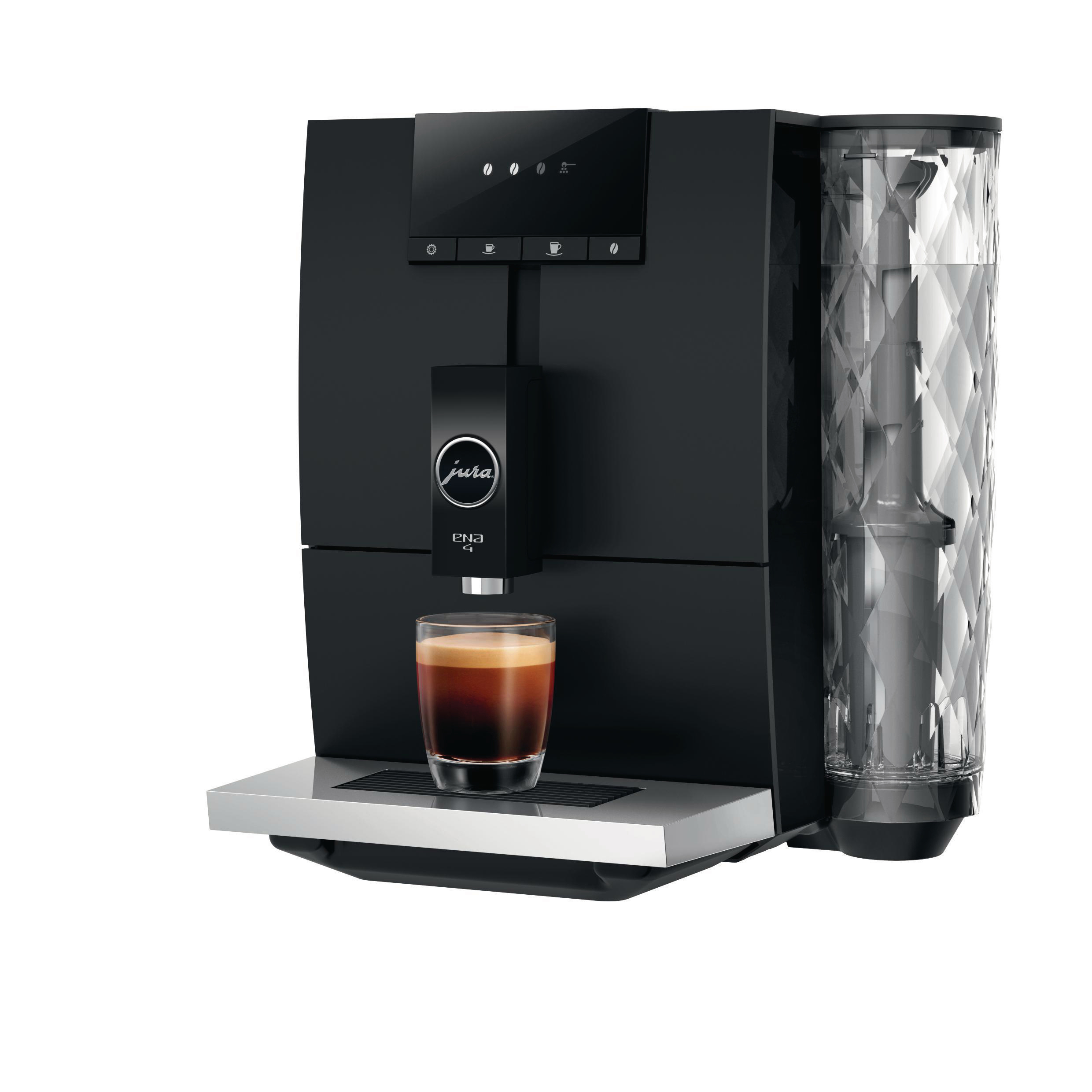 Schwarze Jura Kaffeemaschine, Espresso wird eingeschenkt. Silbernes Tablett und Wassertank.