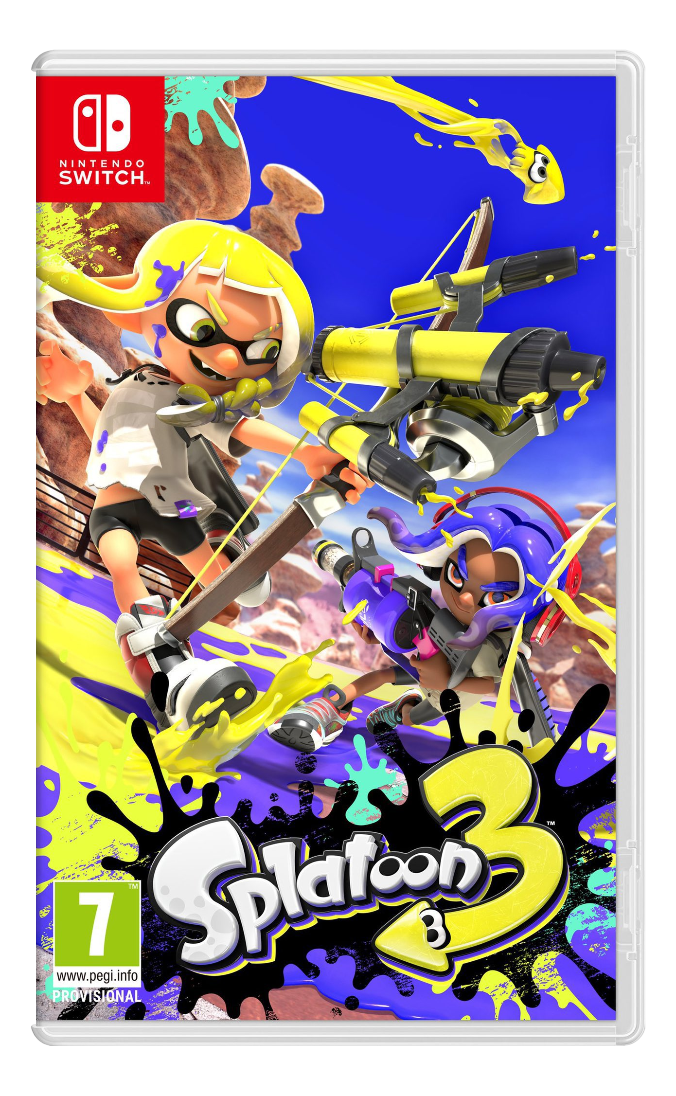 Nintendo Switch-Spielbox für Splatoon 3, mit Figuren mit farbenfroher Farbe.