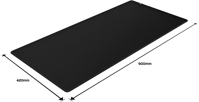Tapis de souris noir avec dimensions : 420 mm x 900 mm. Le fond est blanc.