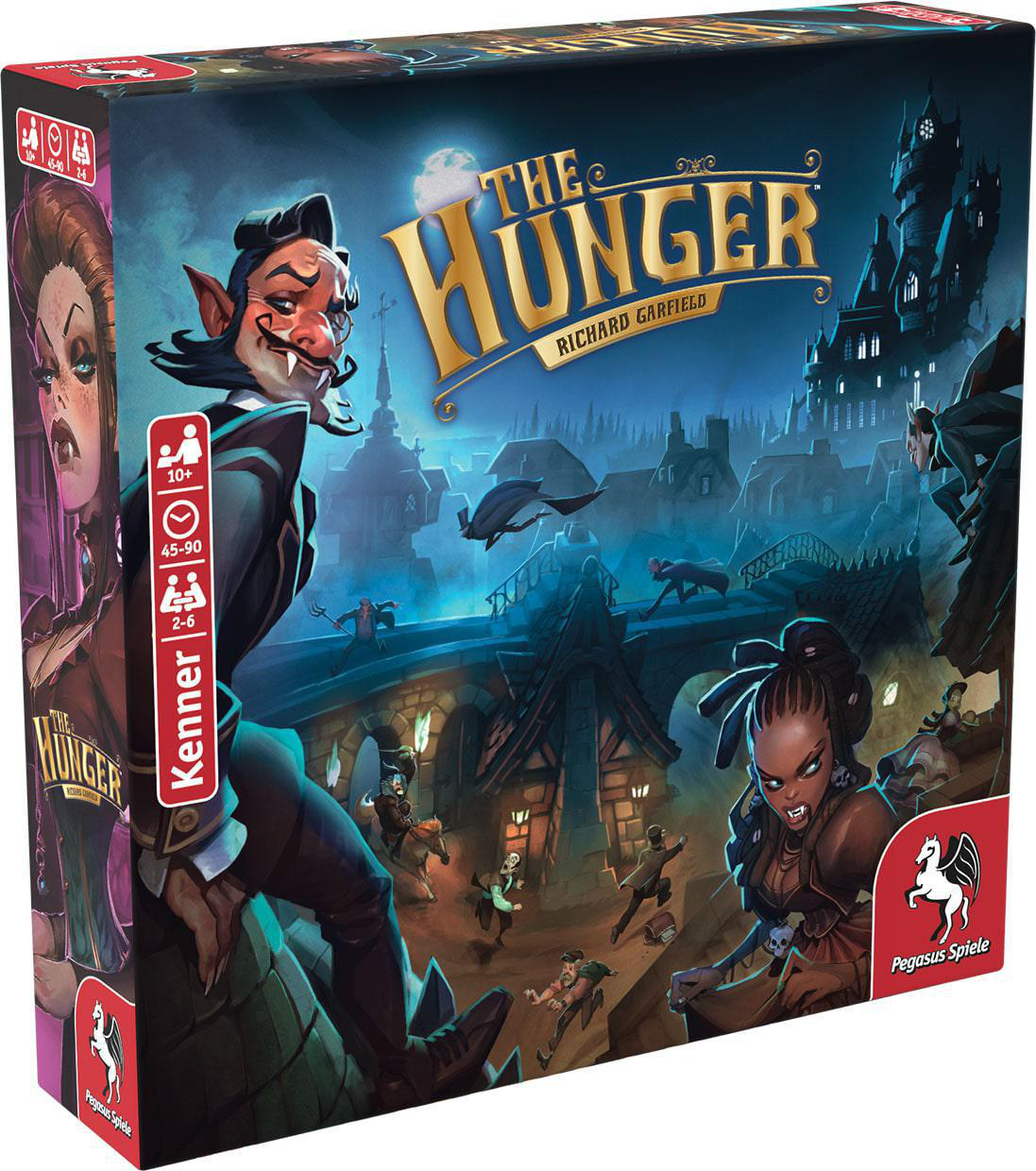 Brettspielbox mit dem Titel 'The Hunger'. Das Cover zeigt Vampircharaktere und einen gotischen Stadt-Hintergrund.