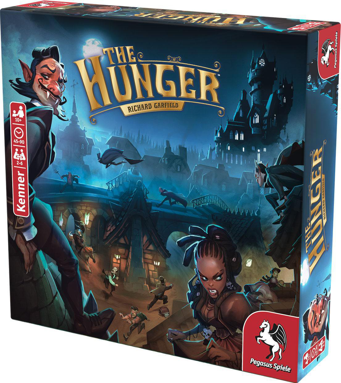Brettspielbox mit dem Titel 'The Hunger'. Vampire-Illustrationen, die das Spielthema bestimmen.
