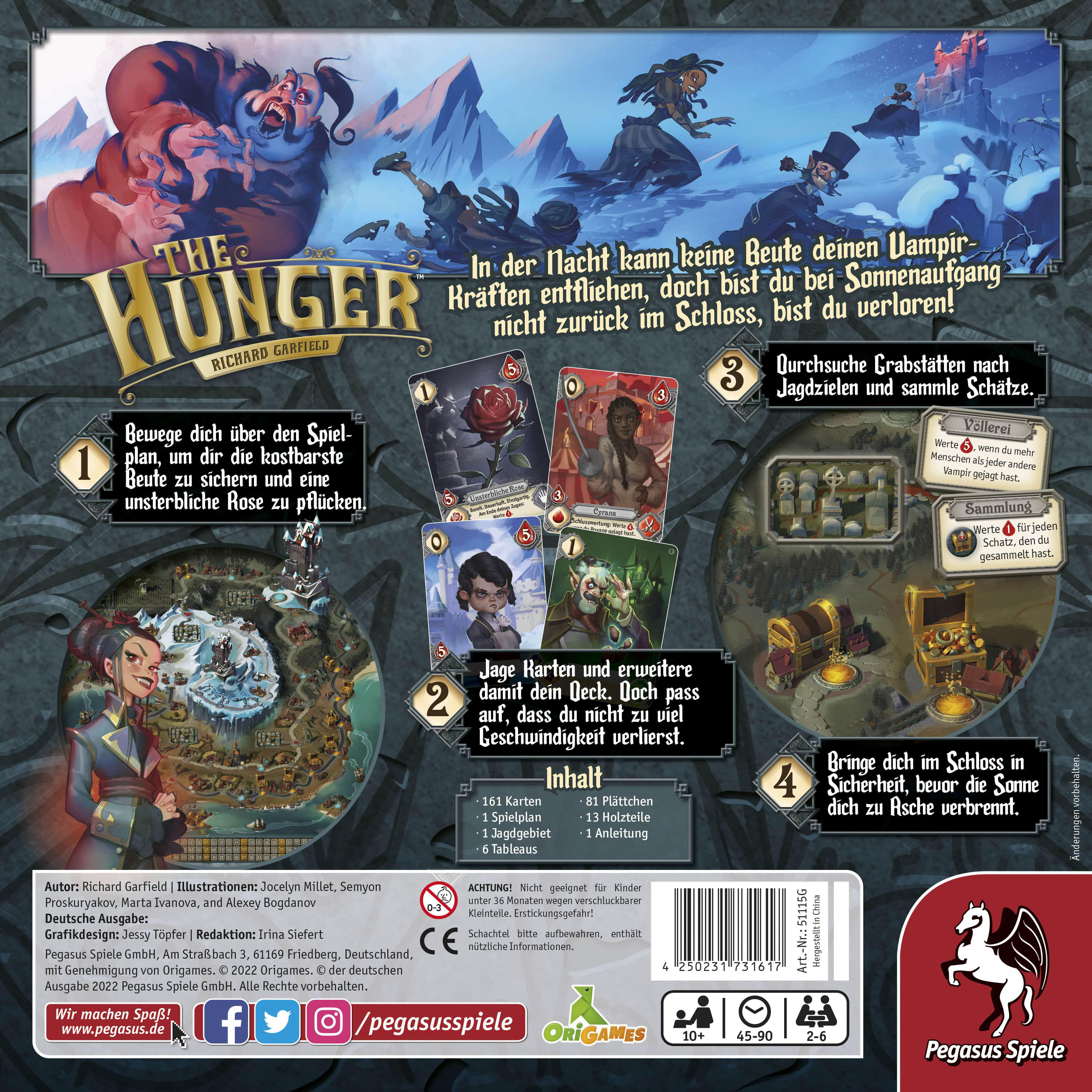 Die Rückseite einer Brettspielbox mit Illustrationen und deutschem Text.