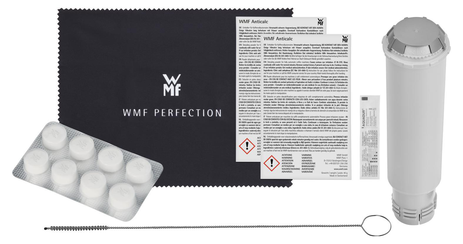 WMF Anticalc Anti-Kalk-Tabletten, Filter, Bürste und Tuch auf weißem Hintergrund.