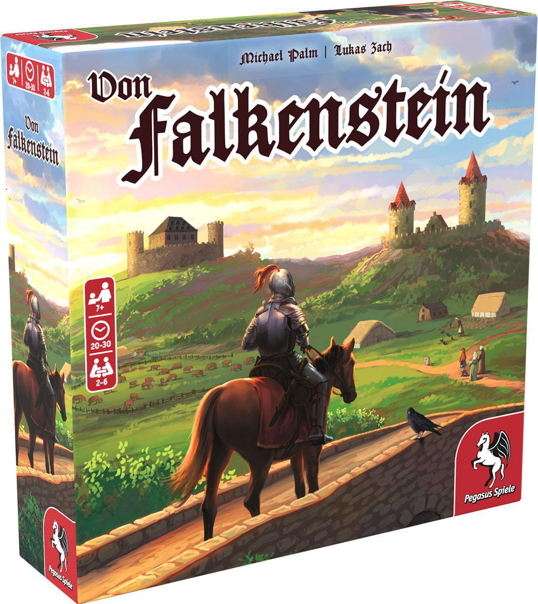 Brettspielbox mit einer Illustration eines Ritters auf einem Pferd. Grüne Landschaft.