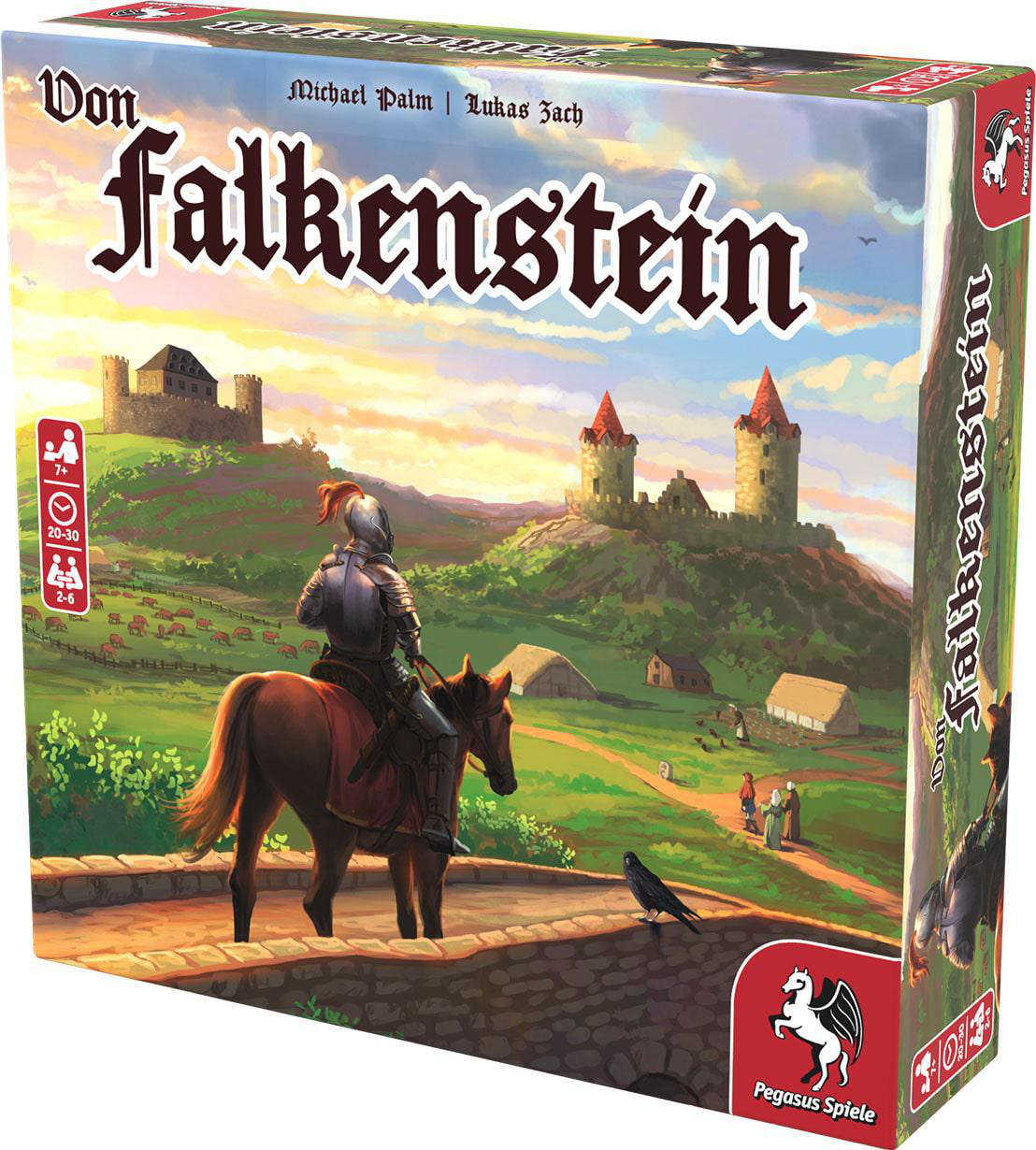 Brettspielbox von „Von Falkenstein“ mit mittelalterlichen Burgbildern und verschiedenen Spielinformationen.