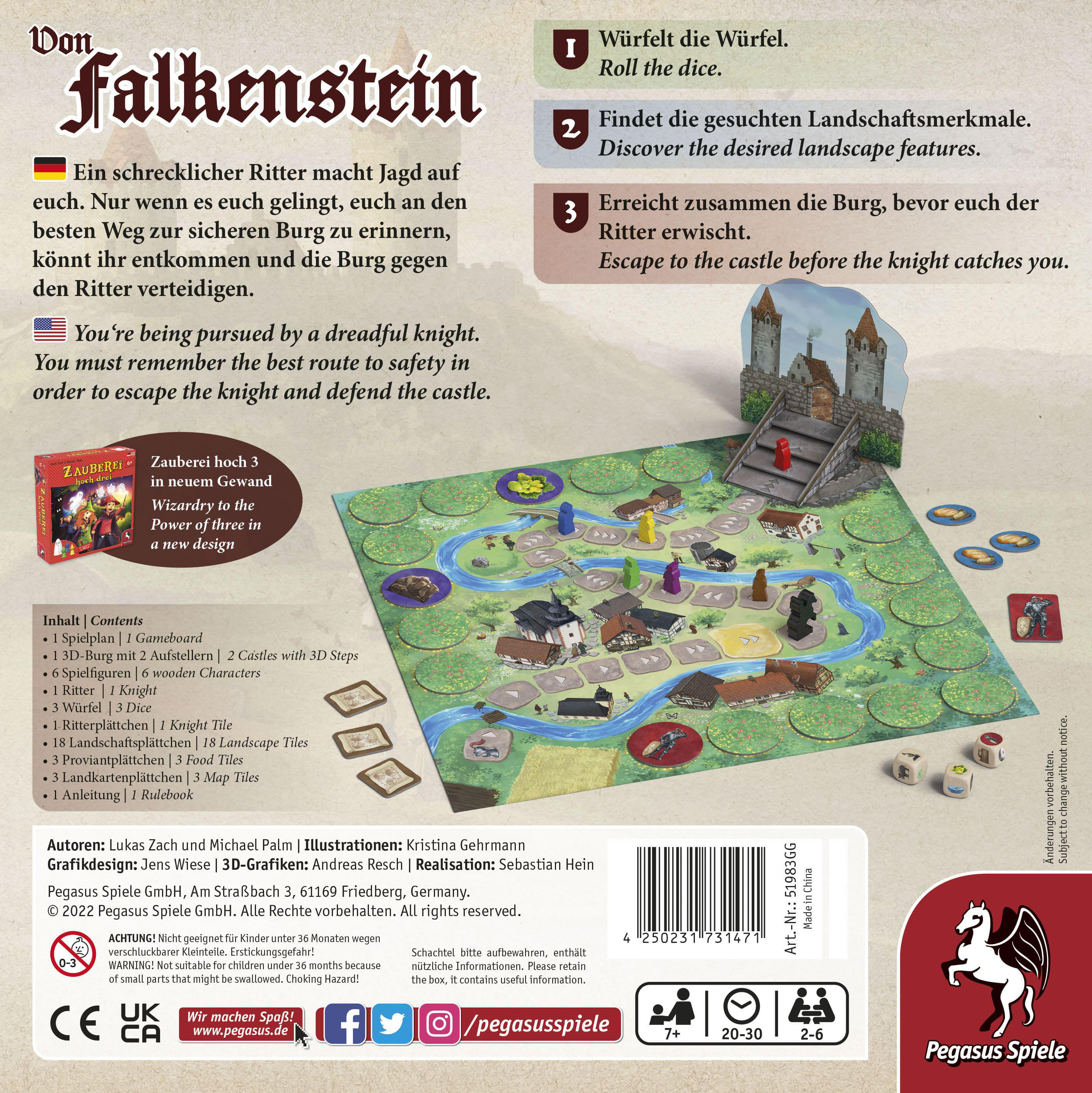 Brettspielbox: Burgillustration, Würfel, Spielfiguren. Text in Deutsch und Englisch.