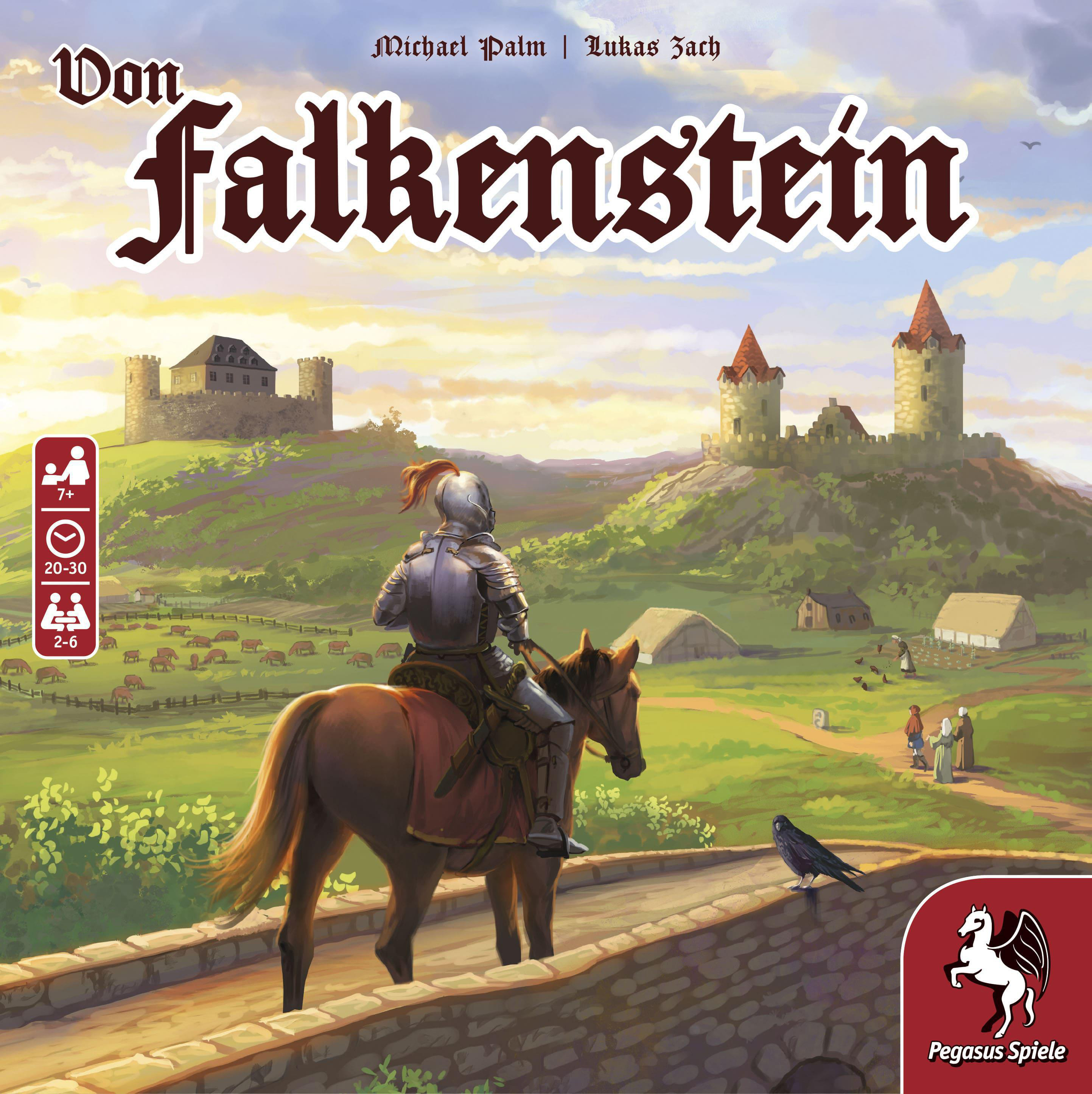 Brettspielbox mit Ritter auf Pferd, Burgen und grünen Feldern.