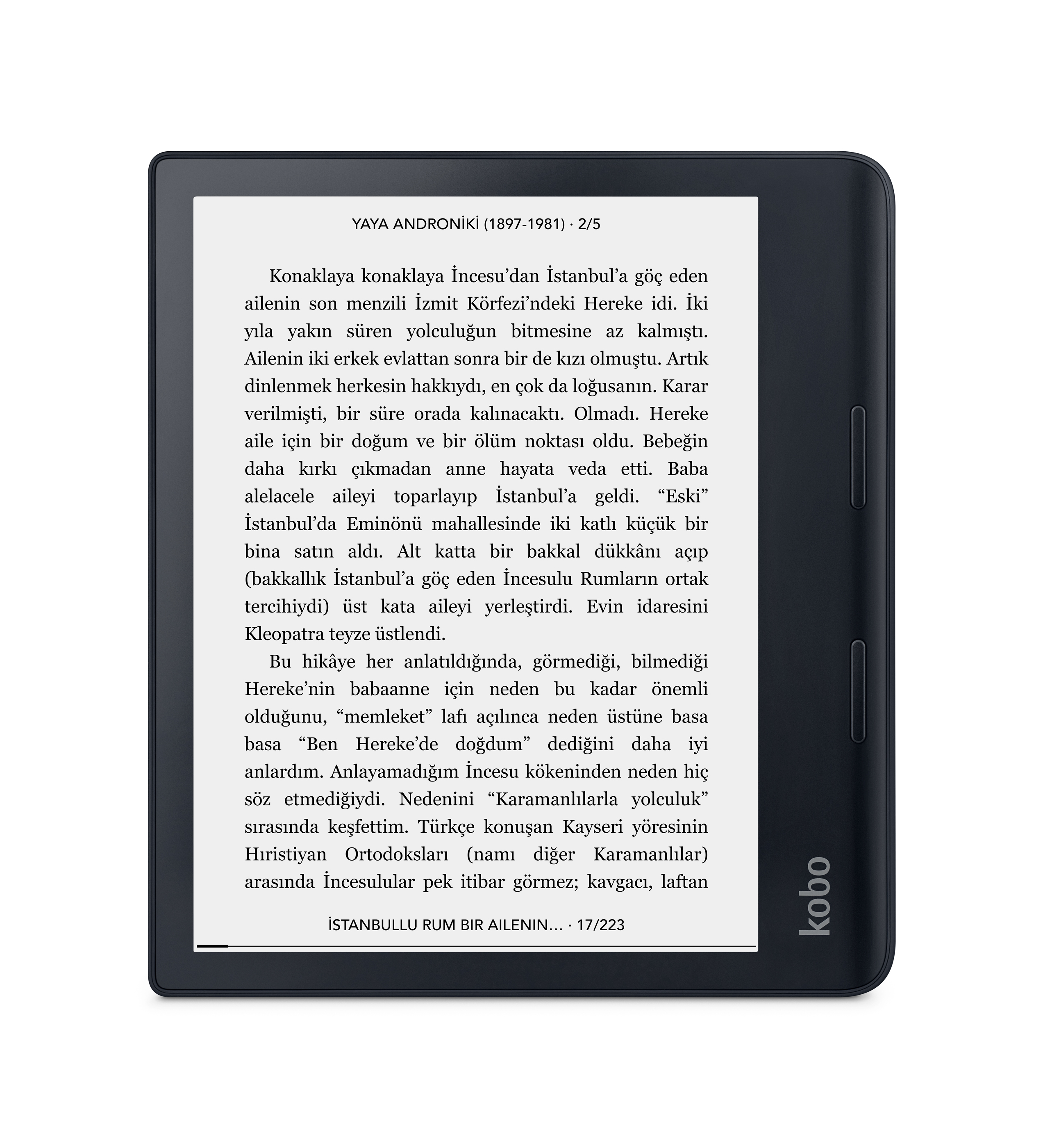 Beyaz bir yüzeyde, Türkçe metin görüntüleyen, Kobo logosu bulunan bir e-kitap okuyucu.