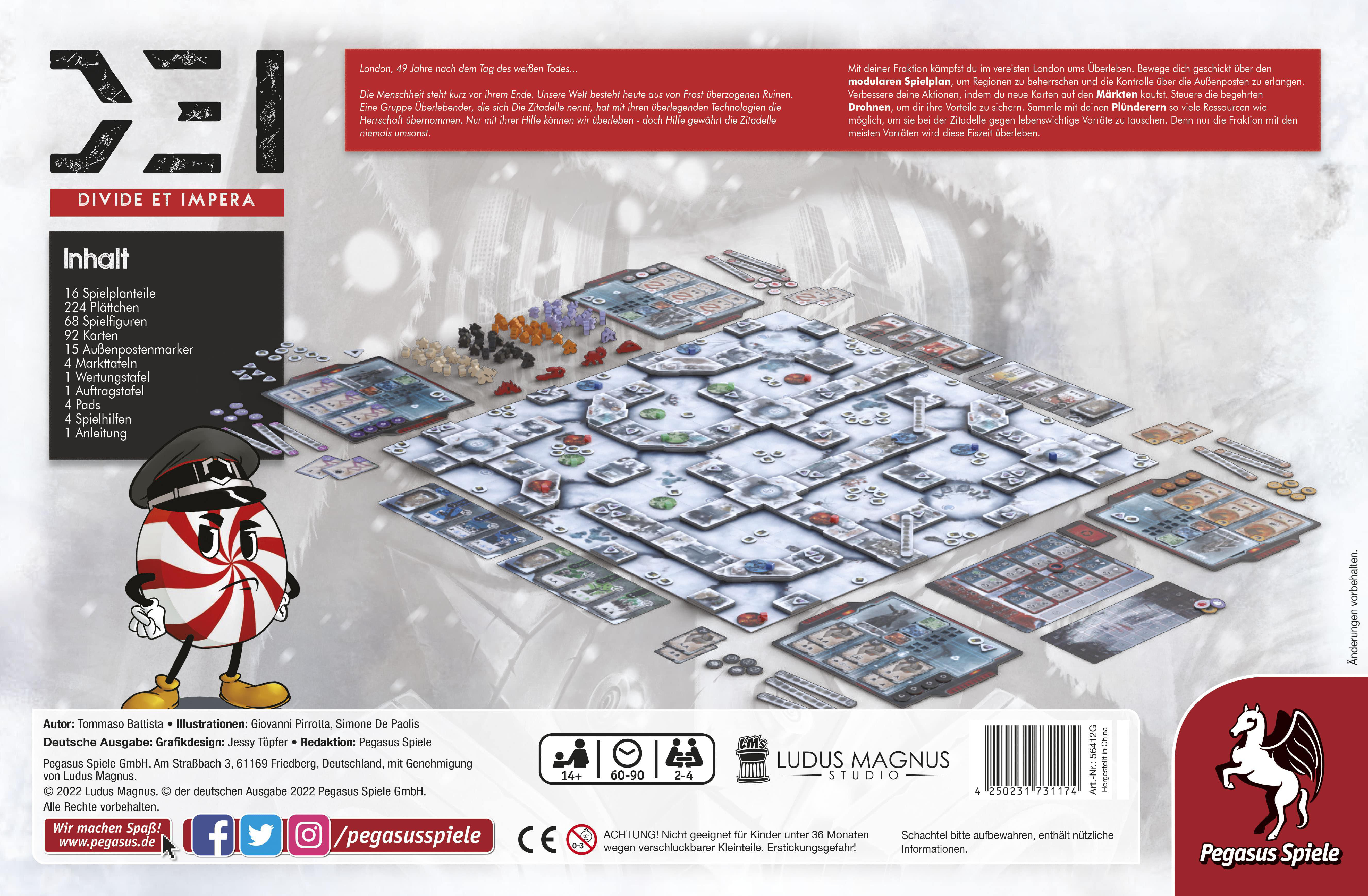 Eine Brettspielbox mit Text und Bildern. Das Cover zeigt einen Pfefferminzmann und ein Spielbrett.