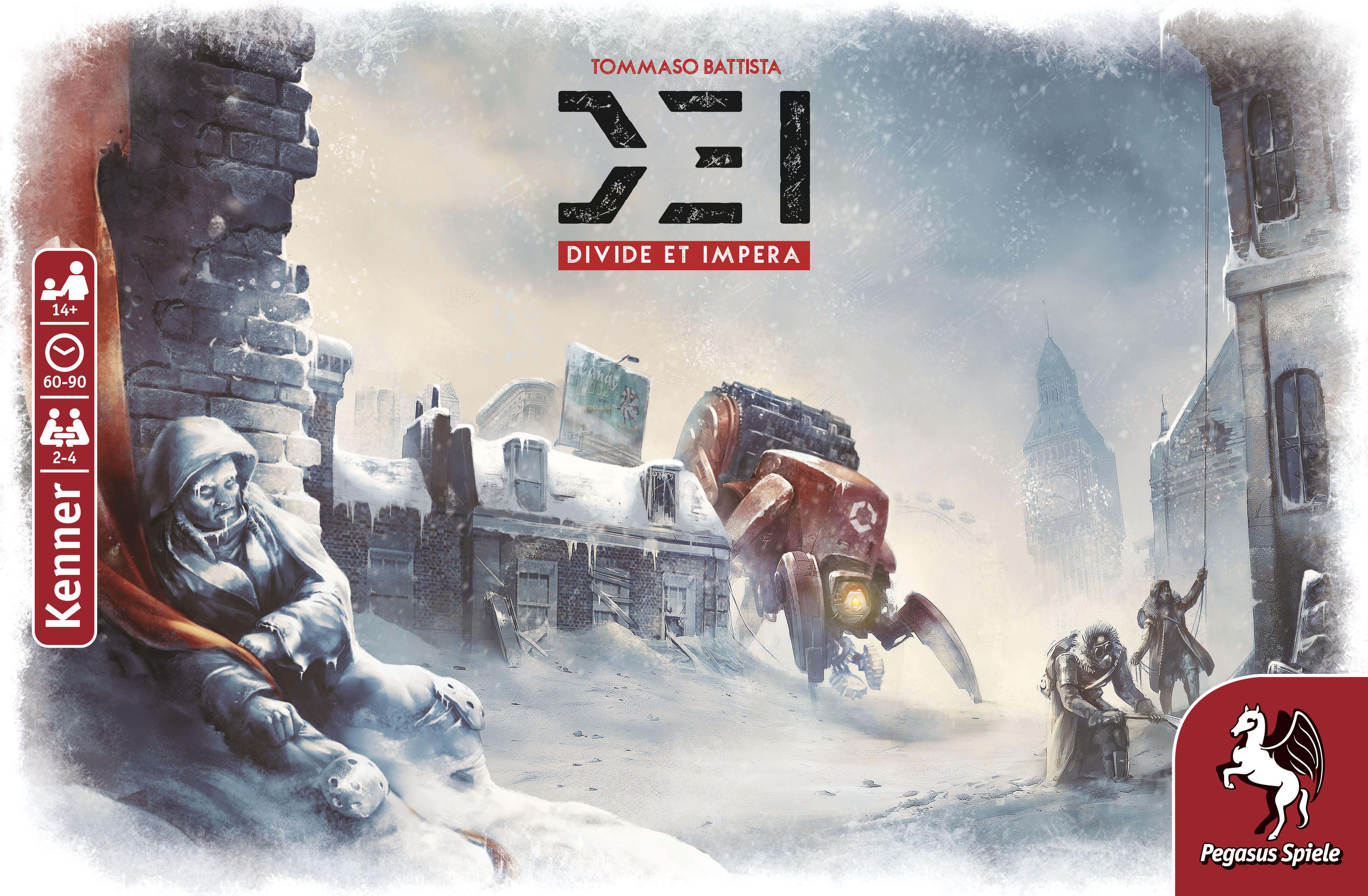 Brettspiel-Cover, Schneelandschaft, Figur im Mantel, Roboter und Gebäude.