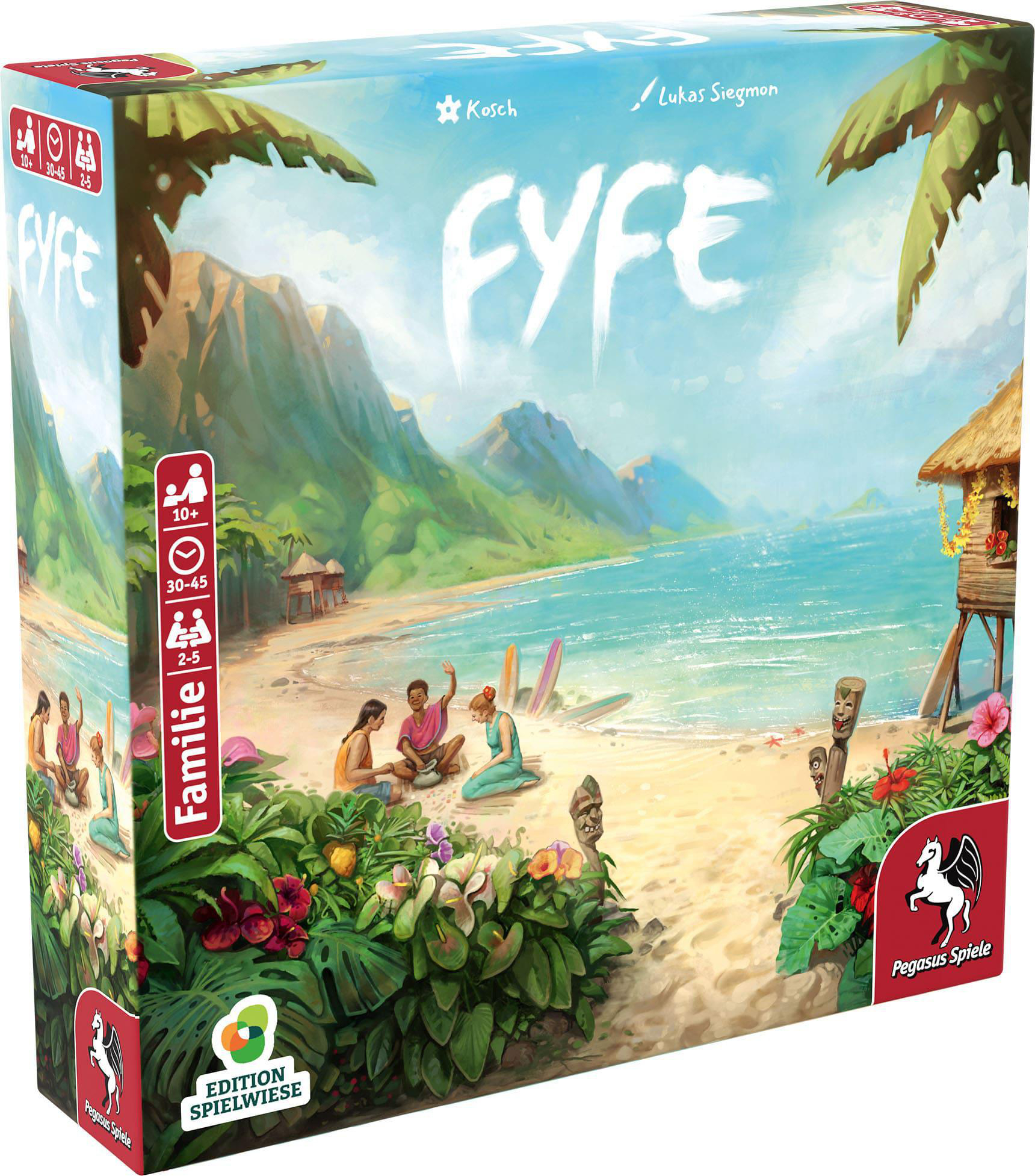 Verpacktes Brettspiel 'Fyfe' auf einer tropischen Strandszene. Menschen spielen, Palmen und Ozean im Hintergrund.