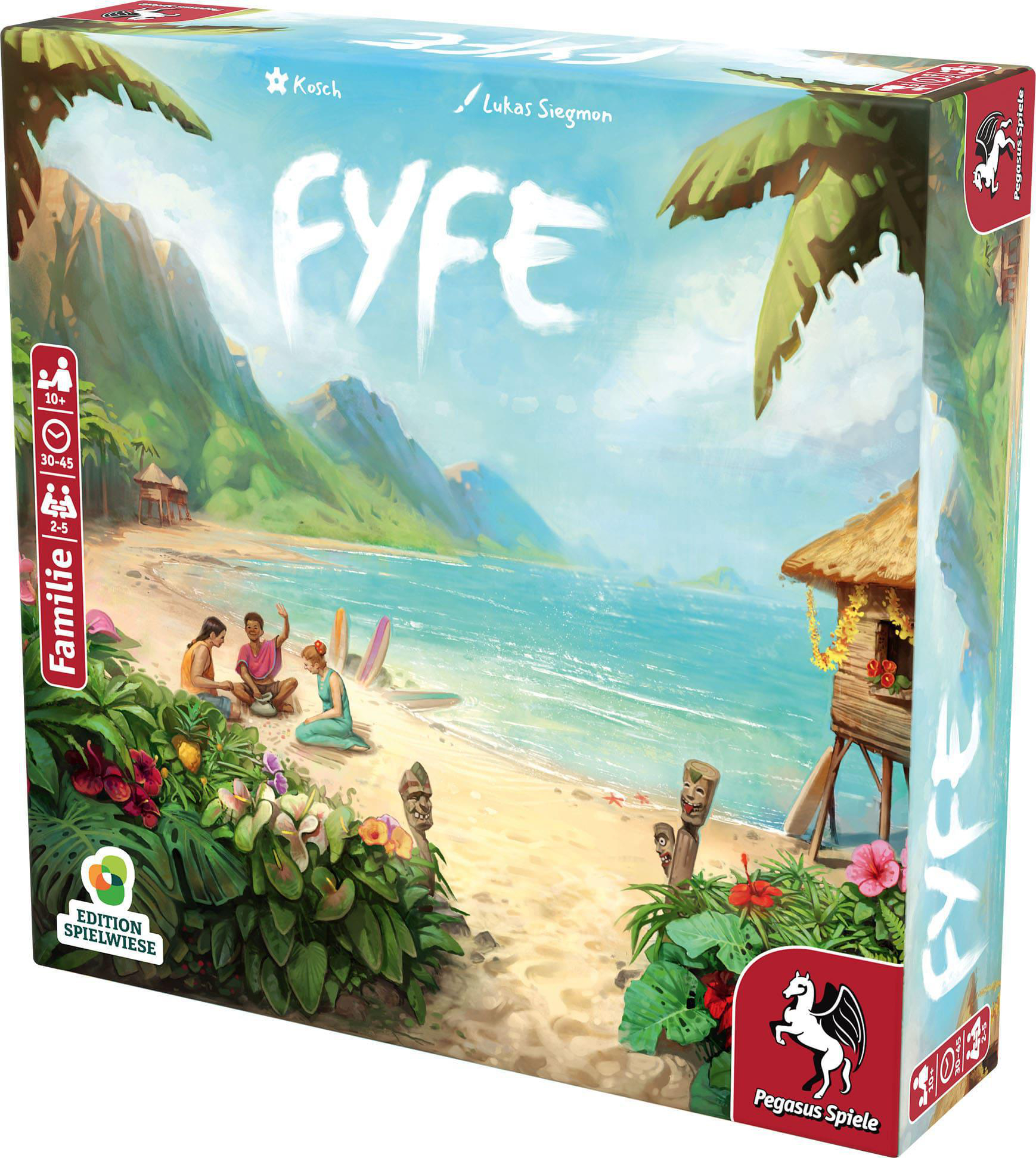 Spielbox mit Strandillustration. Enthält einen Spieletitel und ein Logo.