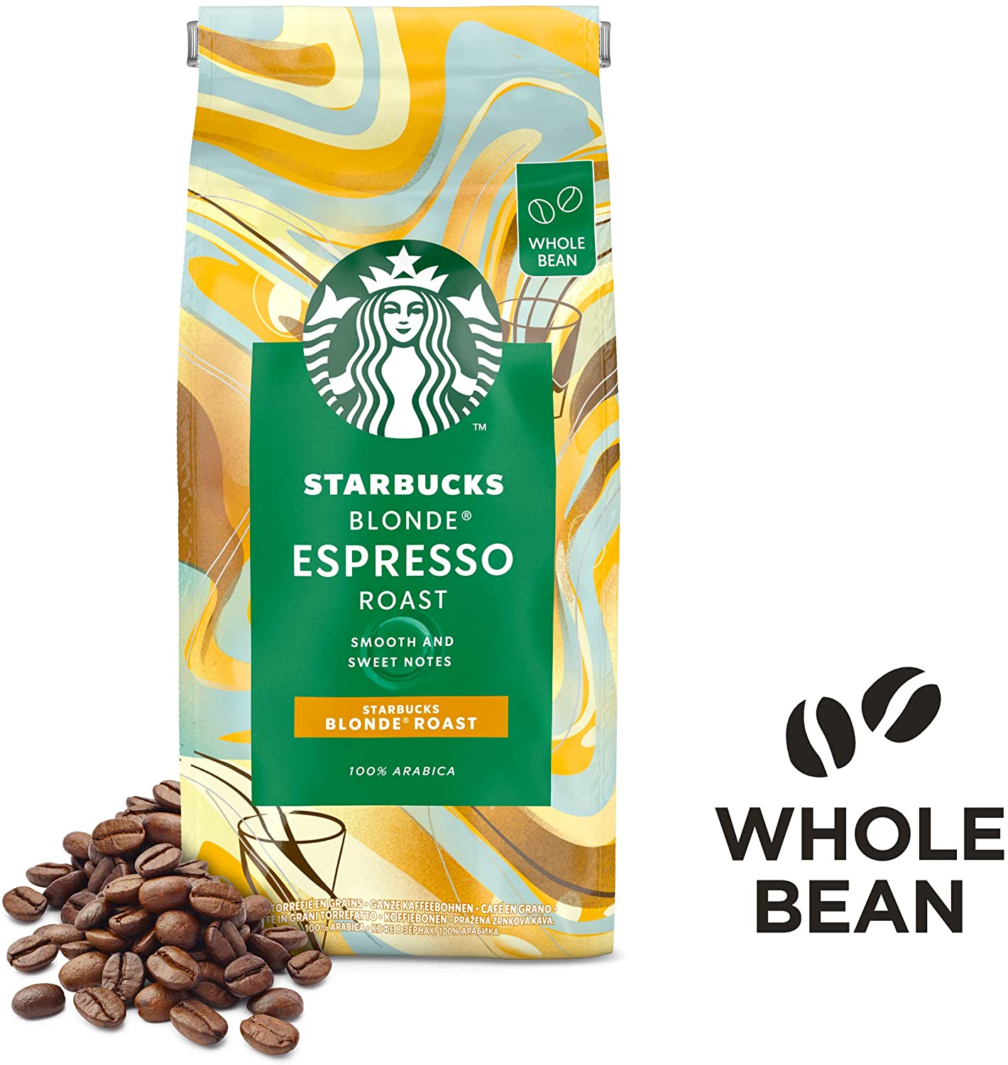 Confezione di caffè Starbucks Blonde Espresso Roast con chicchi di caffè. La confezione è verde, gialla e blu.