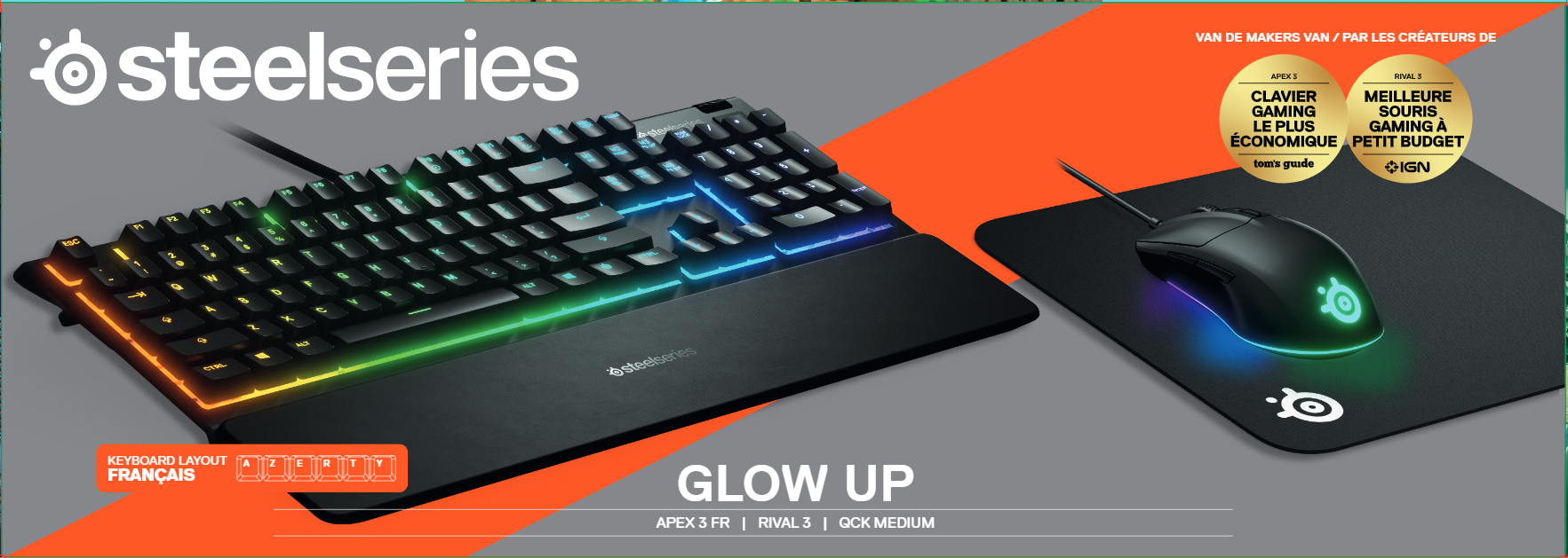STEELSERIES Glow Up Bundle: Clavier gaming Apex 3 RGB AZERTY Noir + Souris gaming sans fil Rival 3 Noir + Tapis de souris