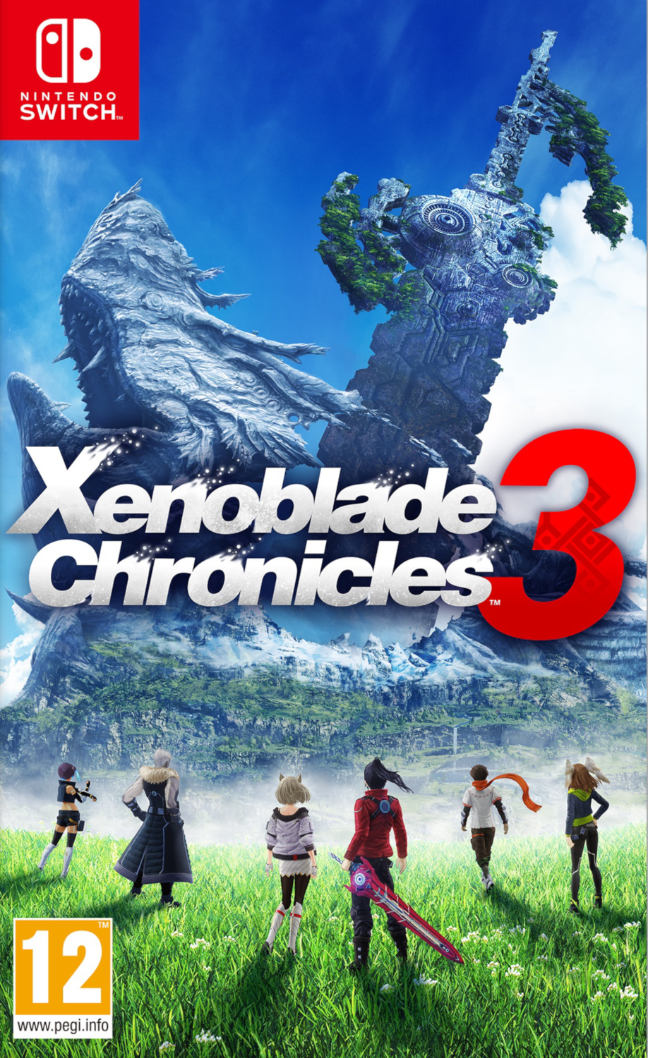 Video game box art: Xenoblade Chronicles 3, met personages in een veld met een grote stenen structuur op de achtergrond.