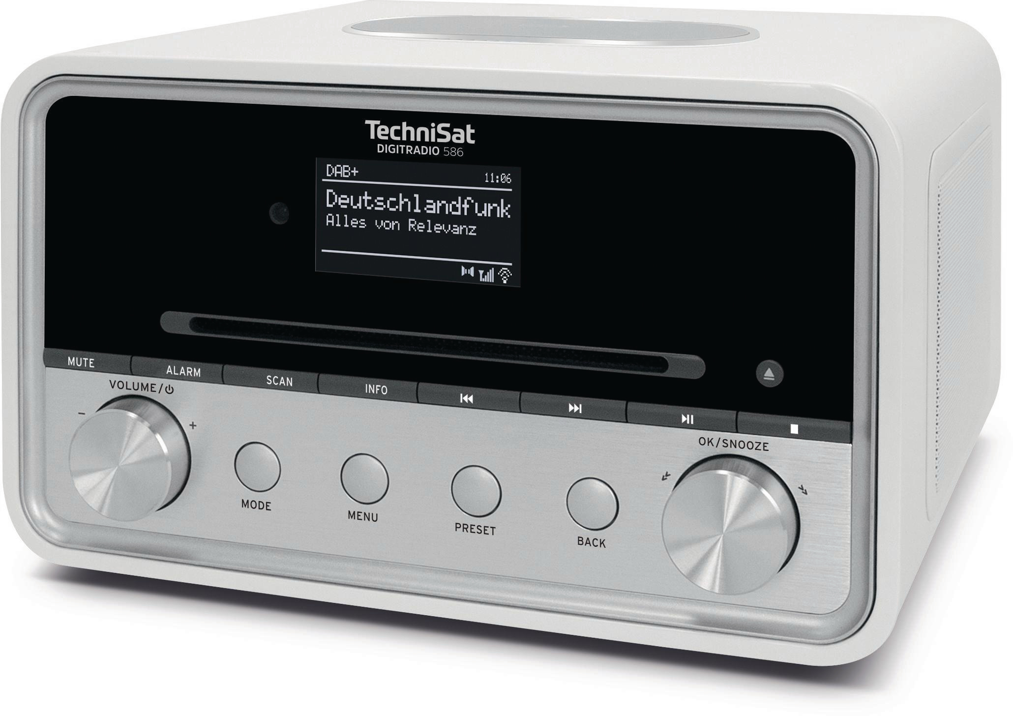 Weißes TechniSat-Radio mit Display, das Senderinformationen und Tasten anzeigt.