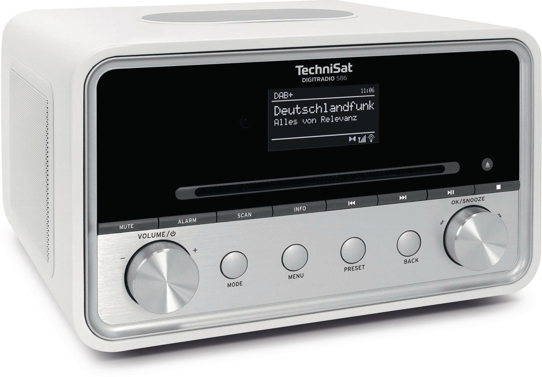 Weißes Technisat-Radio mit schwarzem Bildschirm, der Radiosenderinformationen anzeigt und Knöpfe.