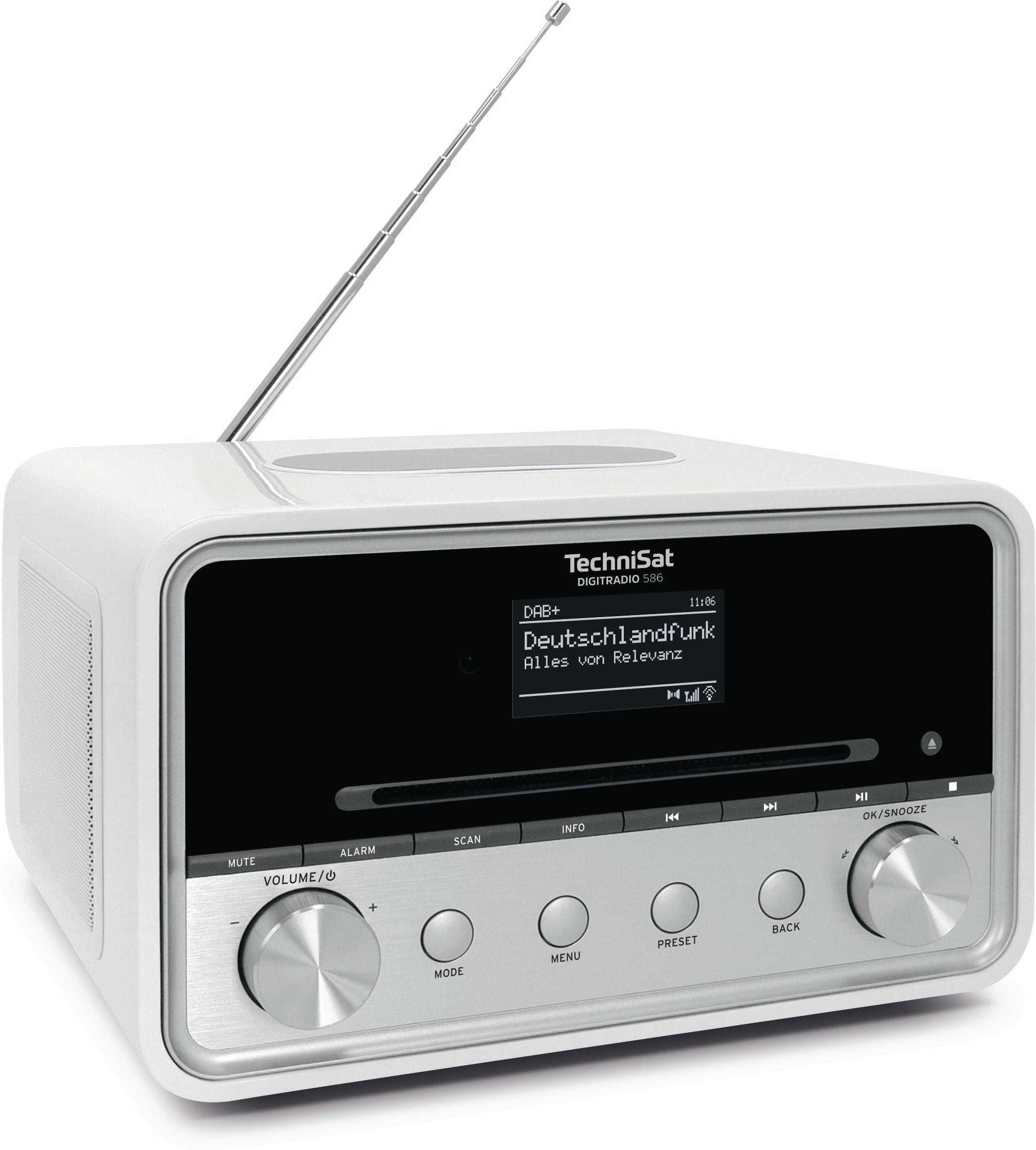 Ein weißes Radio mit schwarzem Bildschirm, Knöpfen und Antenne.