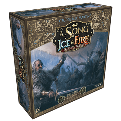 Spielbox mit dem Titel 'A Song of Ice & Fire', mit einer Kampfszene und einem Drachen in einer verschneiten Landschaft.