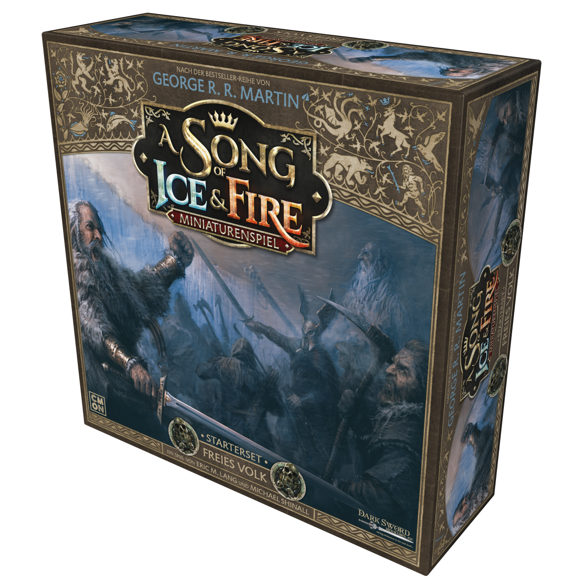 Spielbox mit dem Titel "A Song of Ice and Fire" mit Krieger-Artwork.