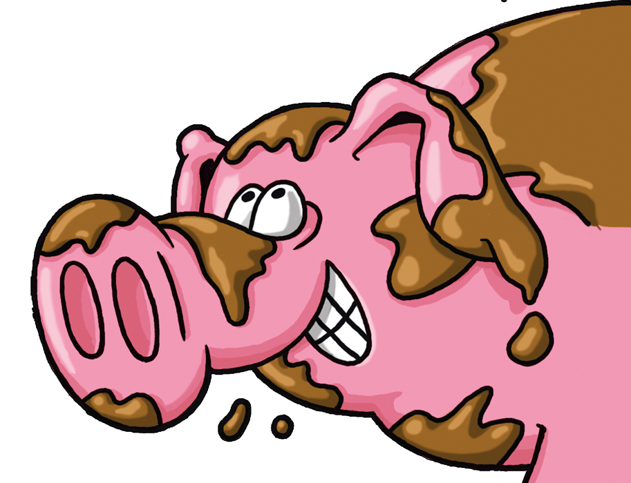 Cartoon-Schwein, bedeckt mit Schlamm, mit fröhlichem, großäugigem Ausdruck und Grinsen.