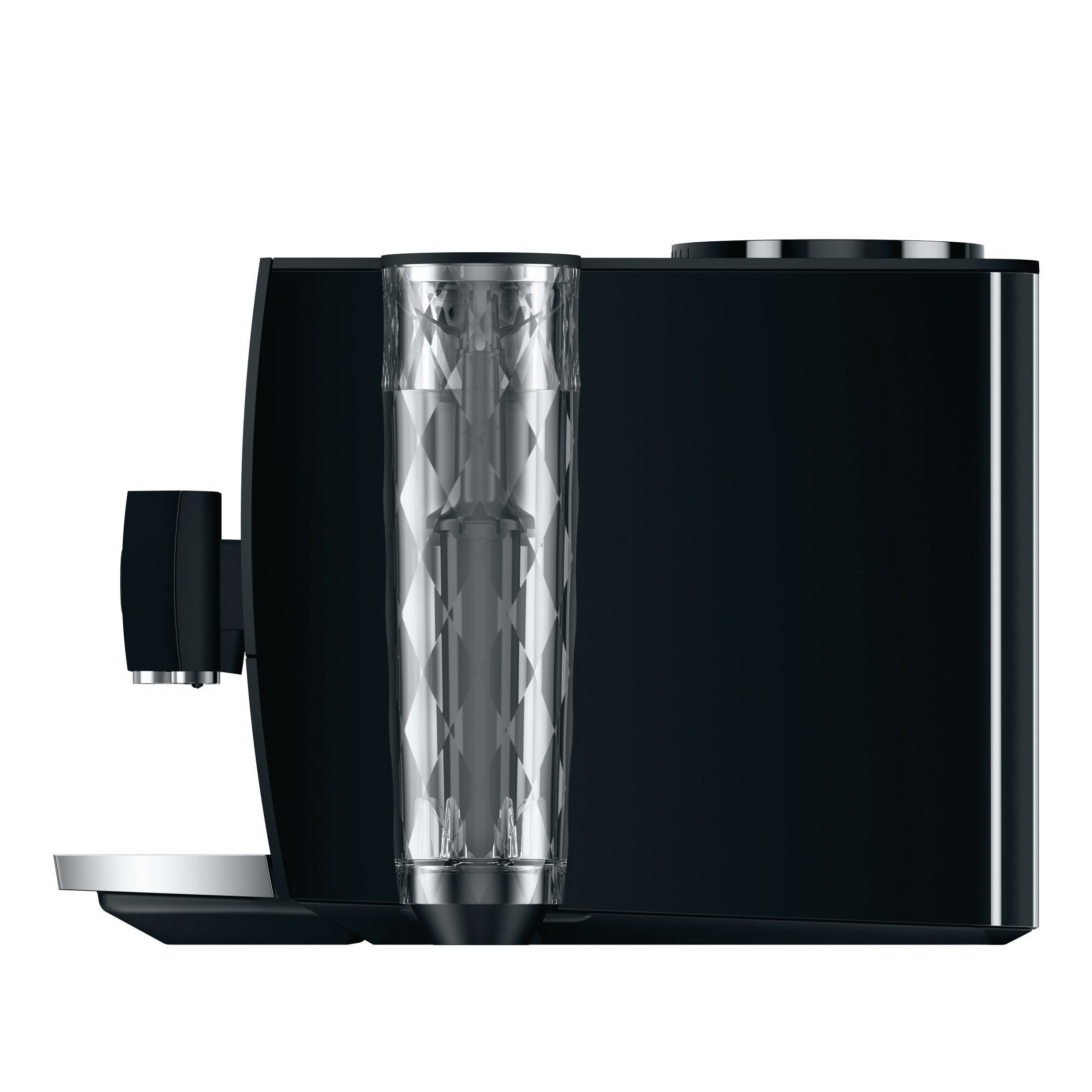 Seitenansicht einer schwarzen Kaffeemaschine mit transparentem Wasserbehälter.