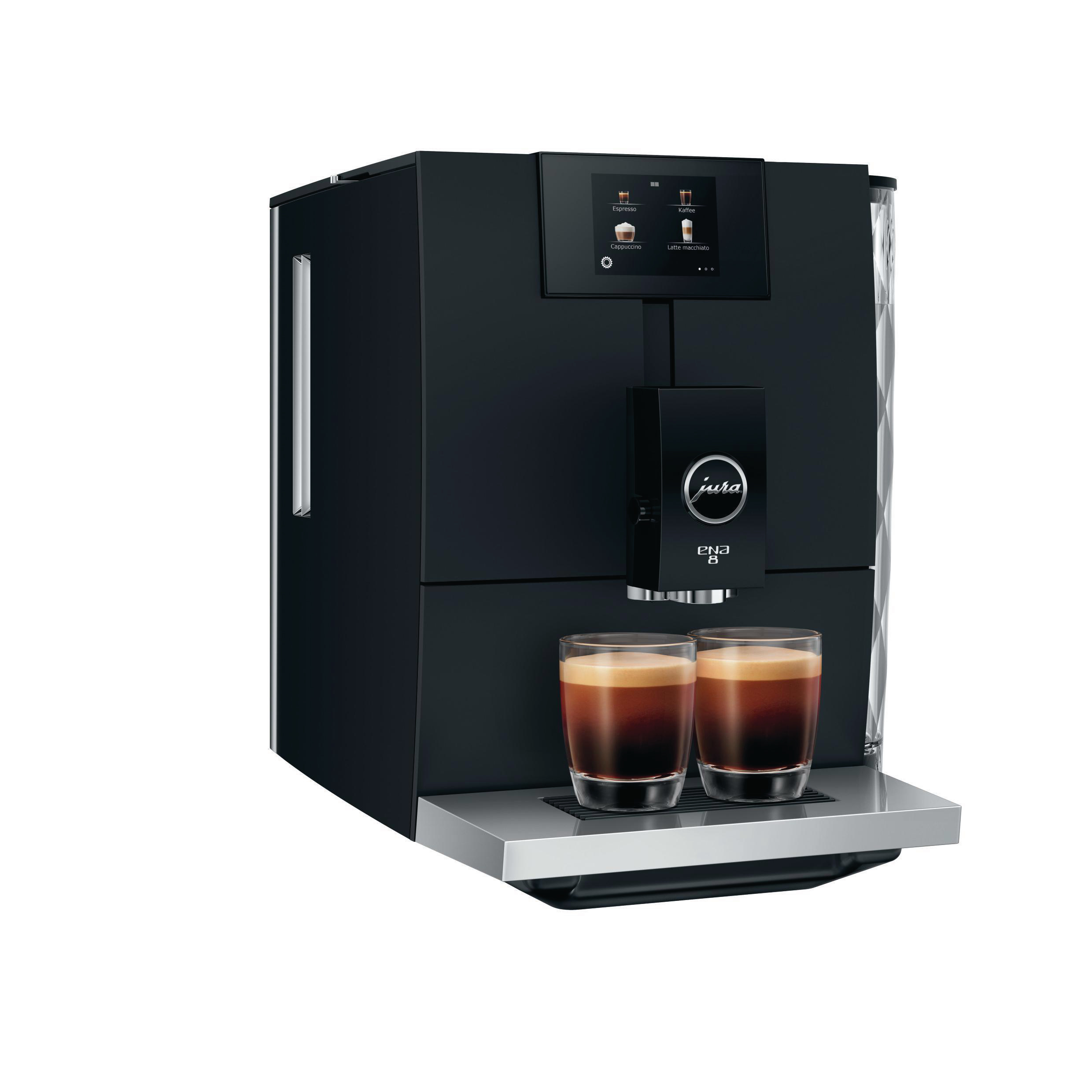 Schwarze Jura Espressomaschine mit zwei Kaffeetassen und einem Display.