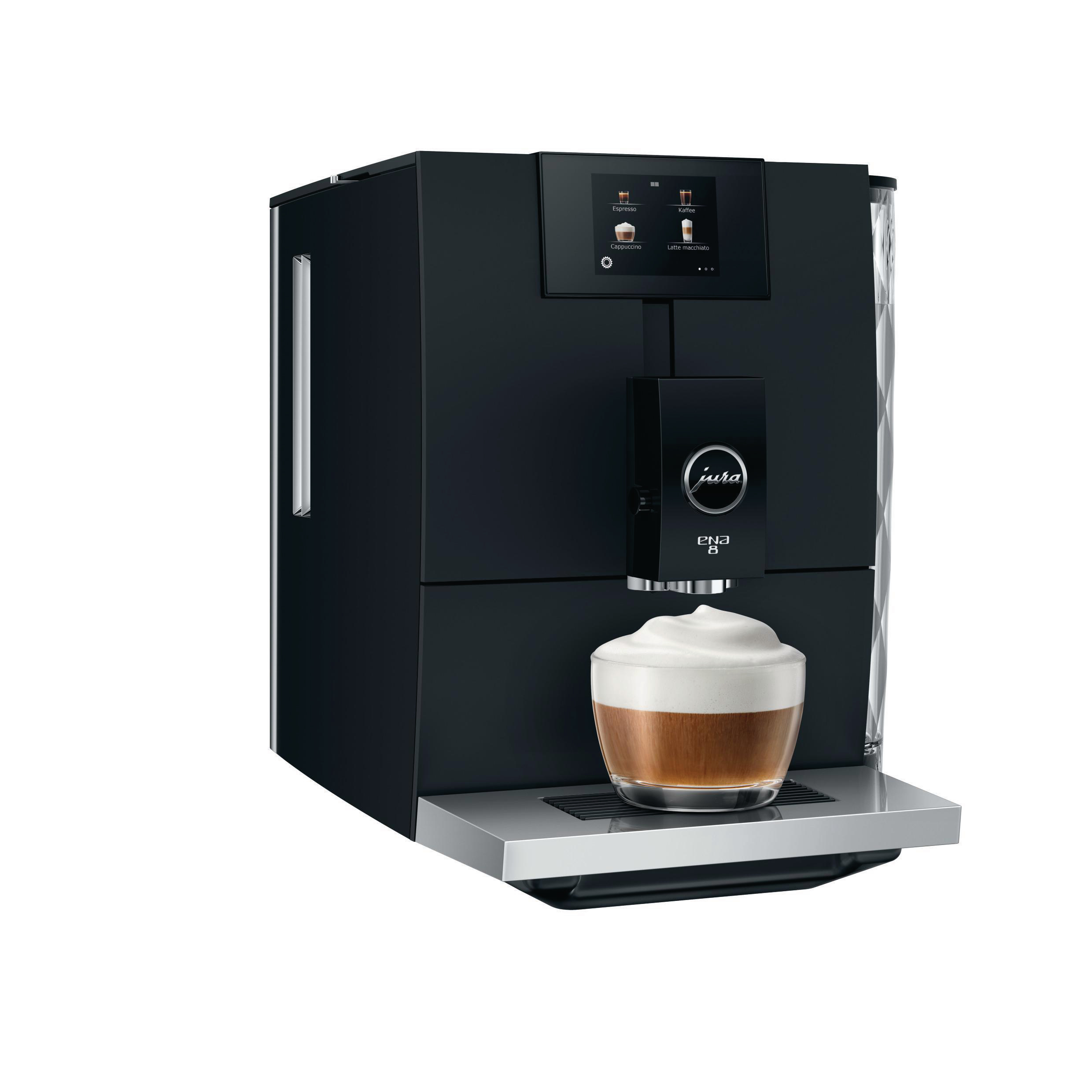 Eine schwarze Kaffeemaschine mit einer Tasse Kaffee und einem Display.