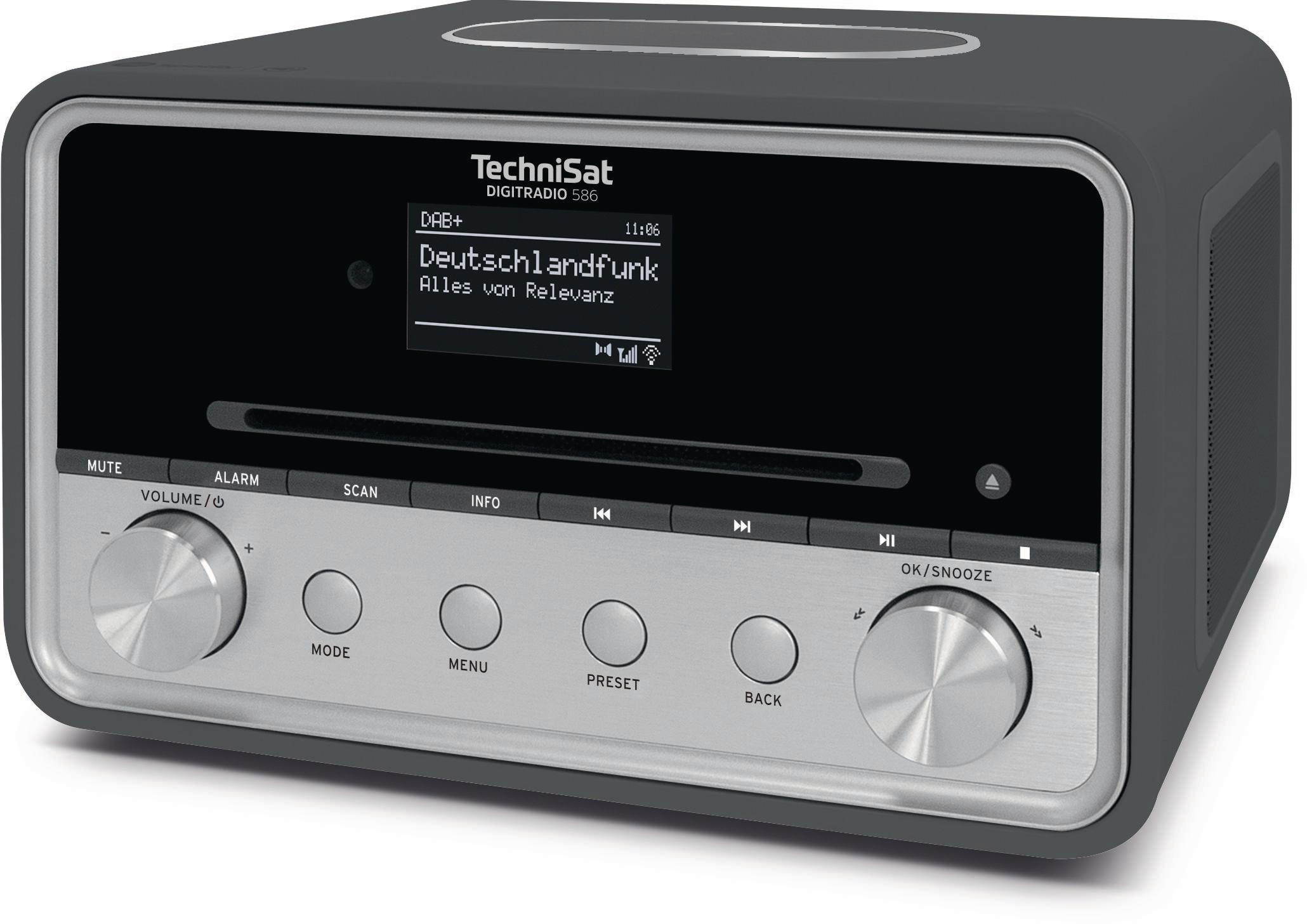 Ein graues TechniSat-Radio mit Display, das deutschen Text und Bedientasten zeigt.