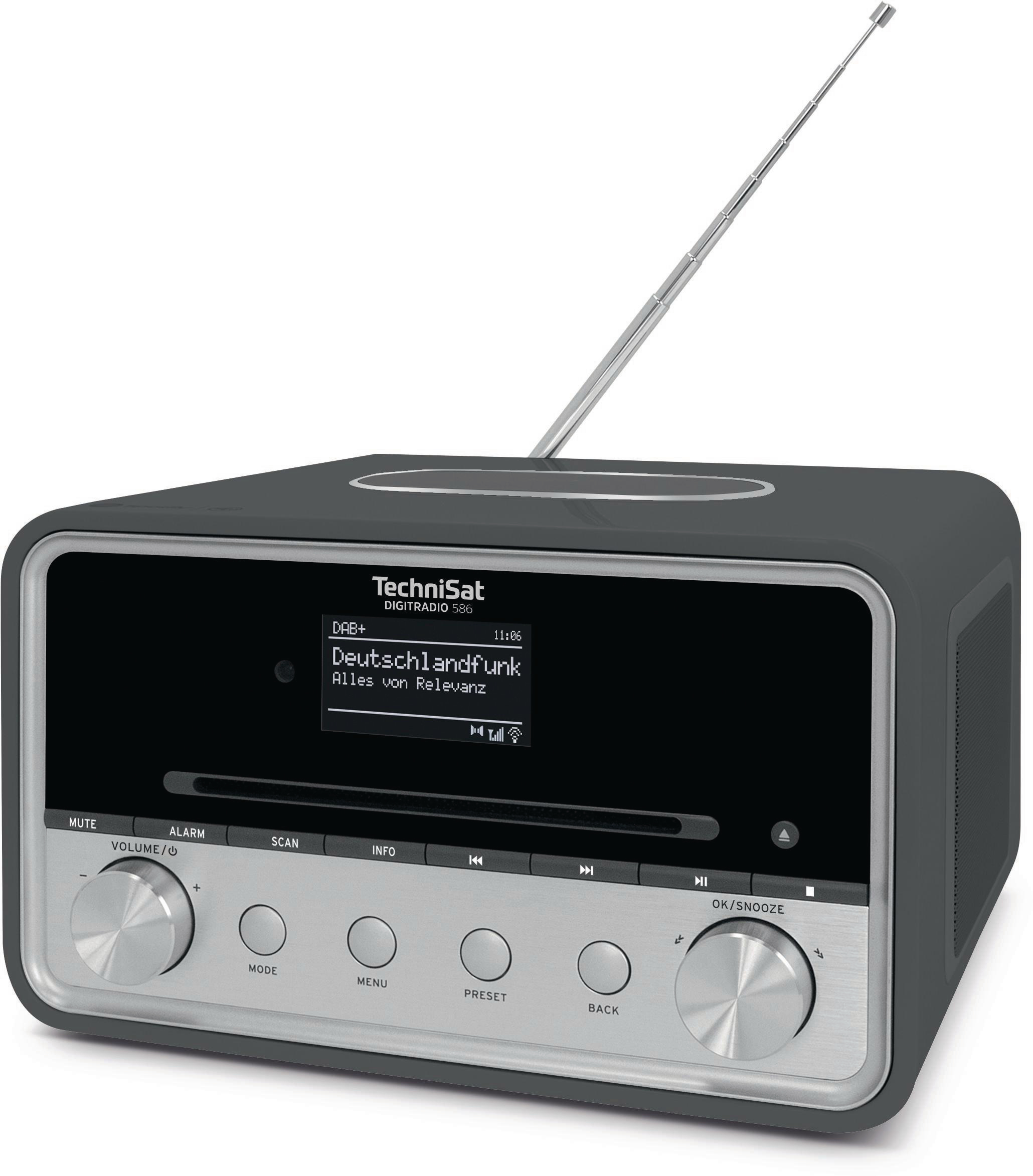 Schwarz-silbernes TechniSat-Radio mit Display und Antenne.
