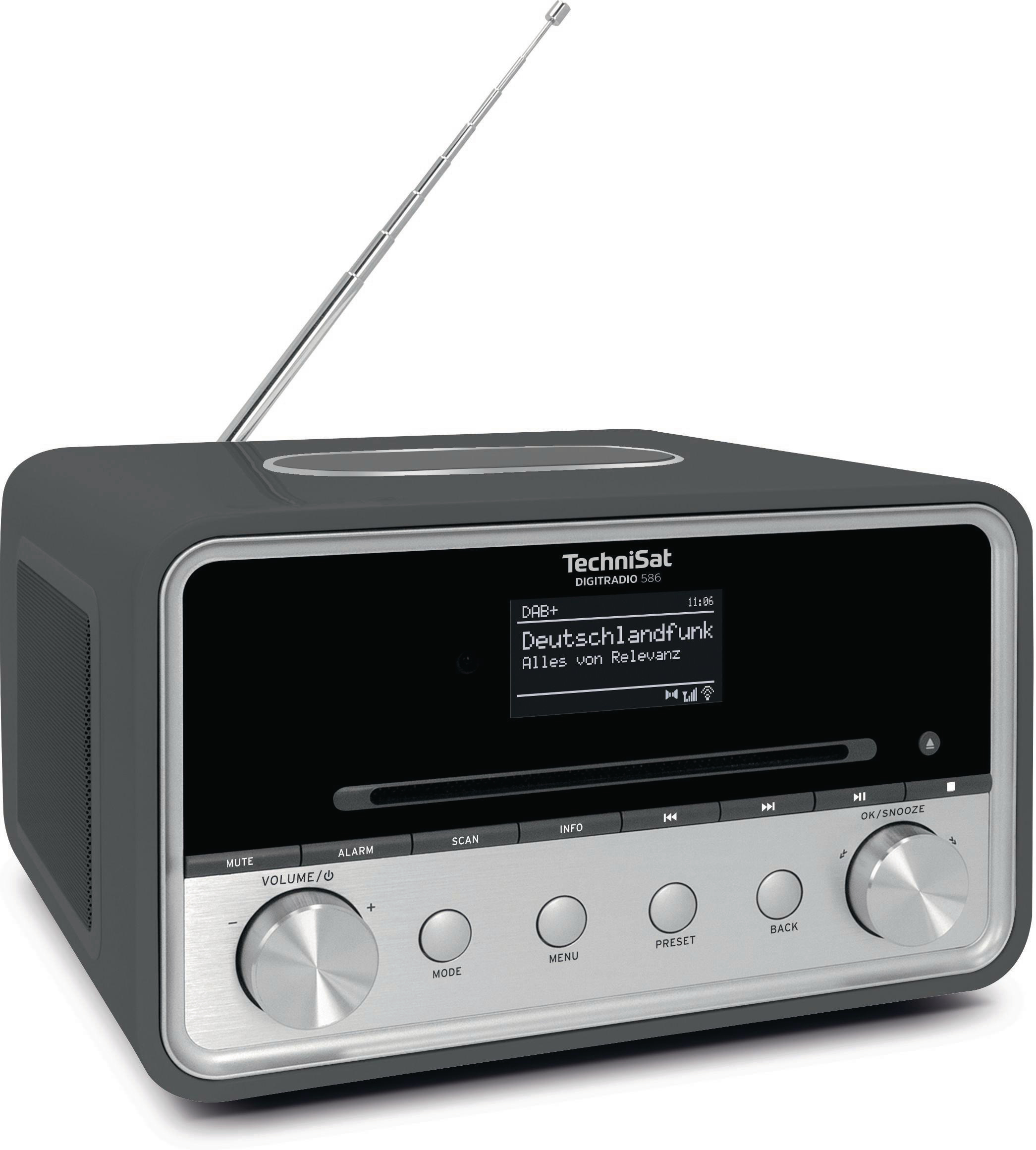 Ein graues Radio mit schwarzem Bildschirm, der Text anzeigt. Es hat eine Antenne und Knöpfe.