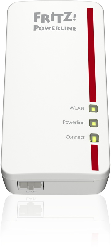 A white FRITZ! Powerline adapter with red stripes and three green indicator lights.