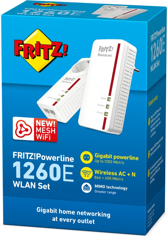 A box with a white powerline adapter set, and text that says 'FRITZ! Powerline 1260E WLAN Set'.