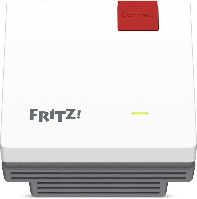 Routeur blanc et gris avec bouton 'Connect' rouge et logo 'FRITZ!'.