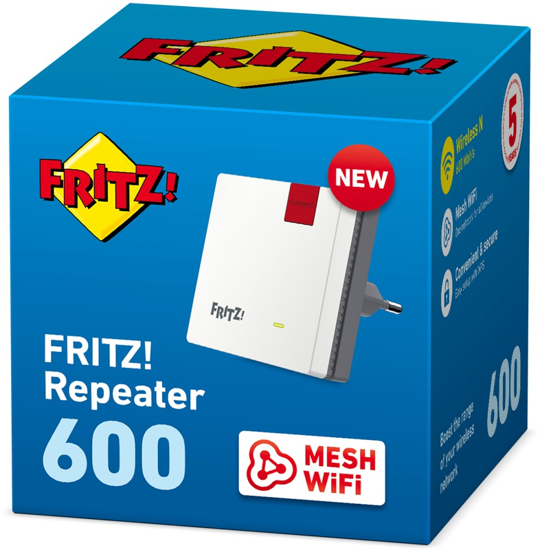 Boîte bleue avec FRITZ! Repeater 600, un appareil blanc et le logo Mesh WiFi.