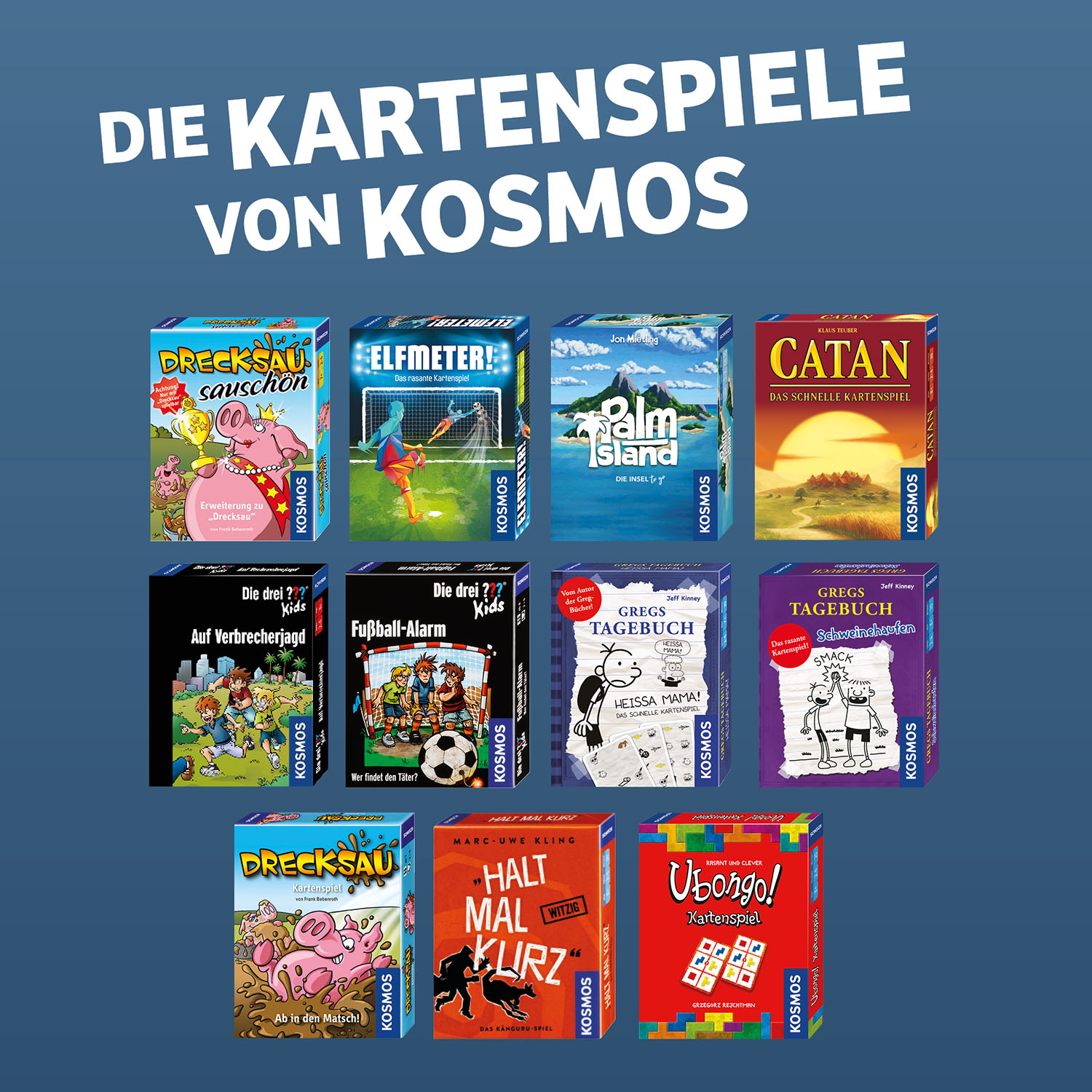 Verschiedene Kosmos-Kartenspielboxen auf dunkelblauem Hintergrund angeordnet.