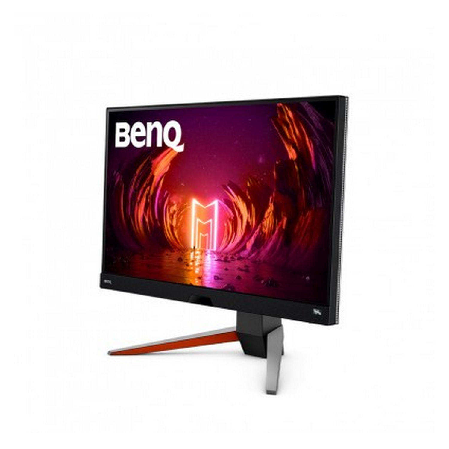Monitor gaming. Marco negro, soporte naranja y gris. Logo BenQ en pantalla con fondo colorido.