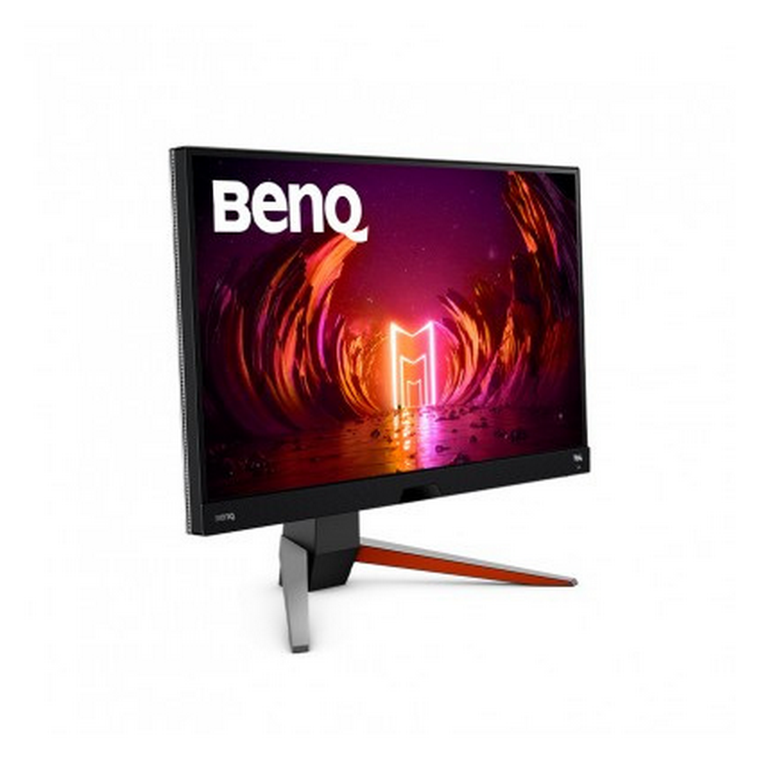 Monitor de juegos en ángulo, con marco negro y soporte rojo y plateado.