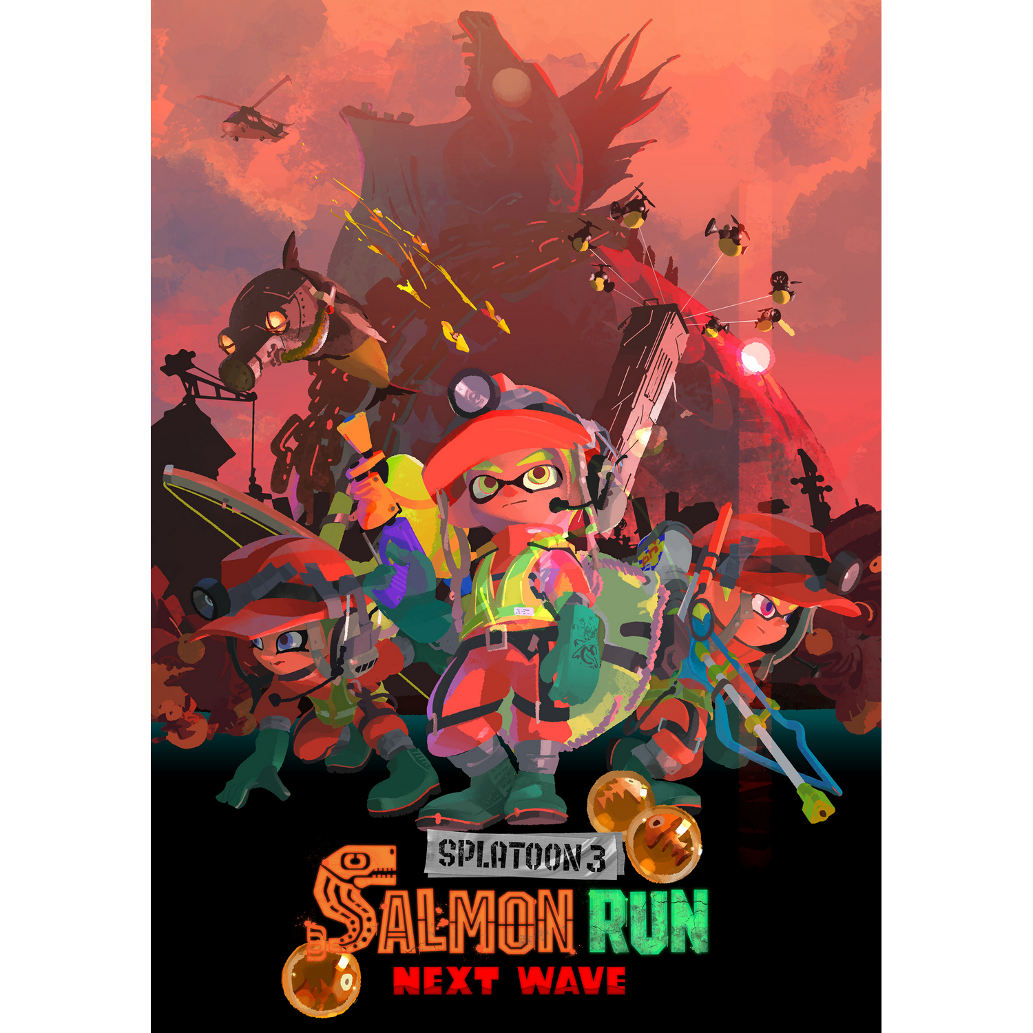 Póster de Splatoon 3: Salmon Run. Personajes en naranja y verde, con criatura gigante detrás.
