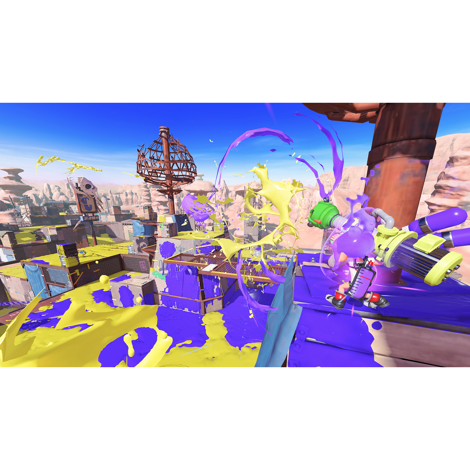 Escena del juego Splatoon 3 con tinta colorida y personajes.