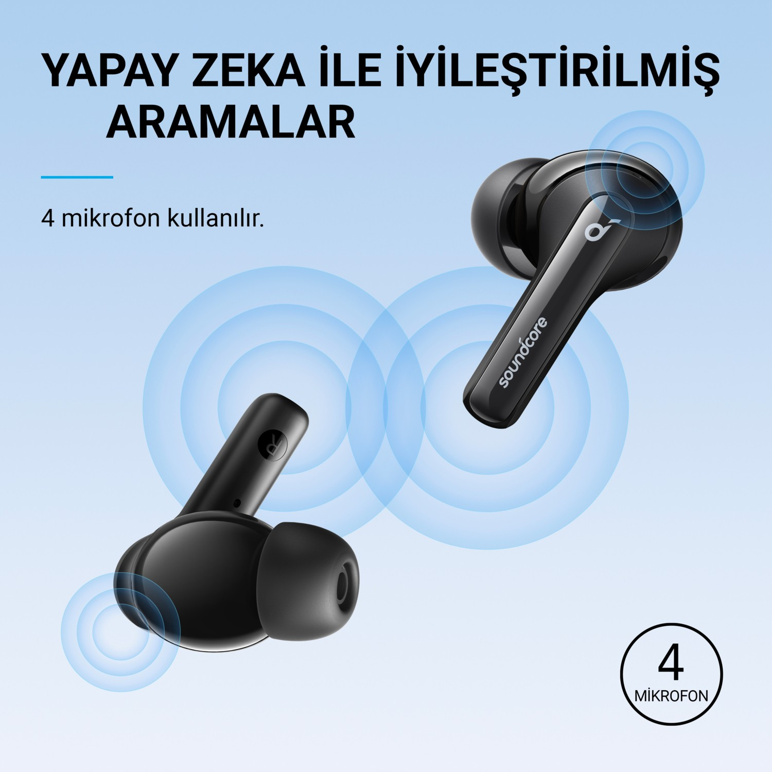 soundcore yazılı siyah kulaklıklar, iki kulaklık ve ses dalgaları gösteriyor.